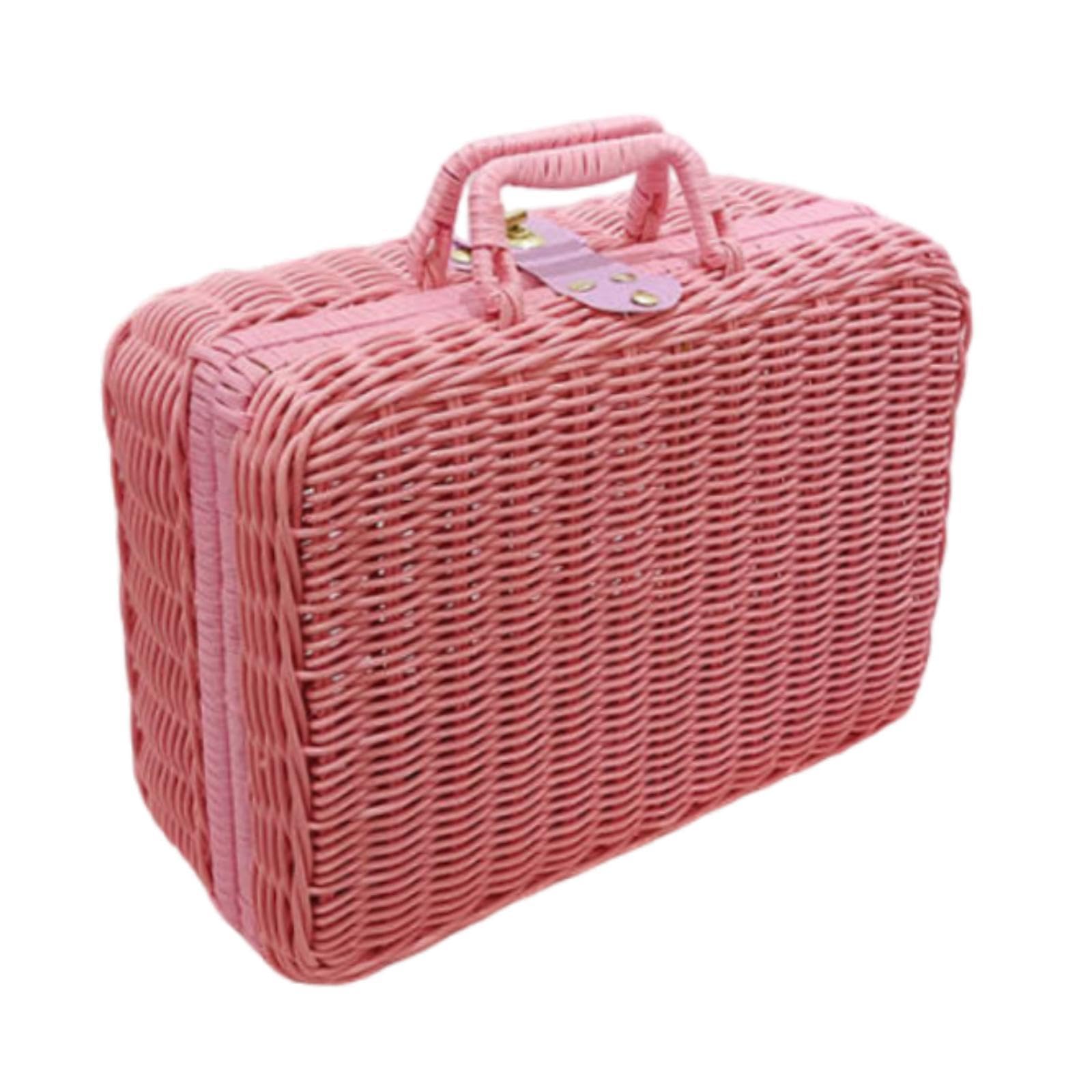 Woven Suitcase with Handle Portable Picnic Suitcase for Home Outings Desktop Pink S-picture-40