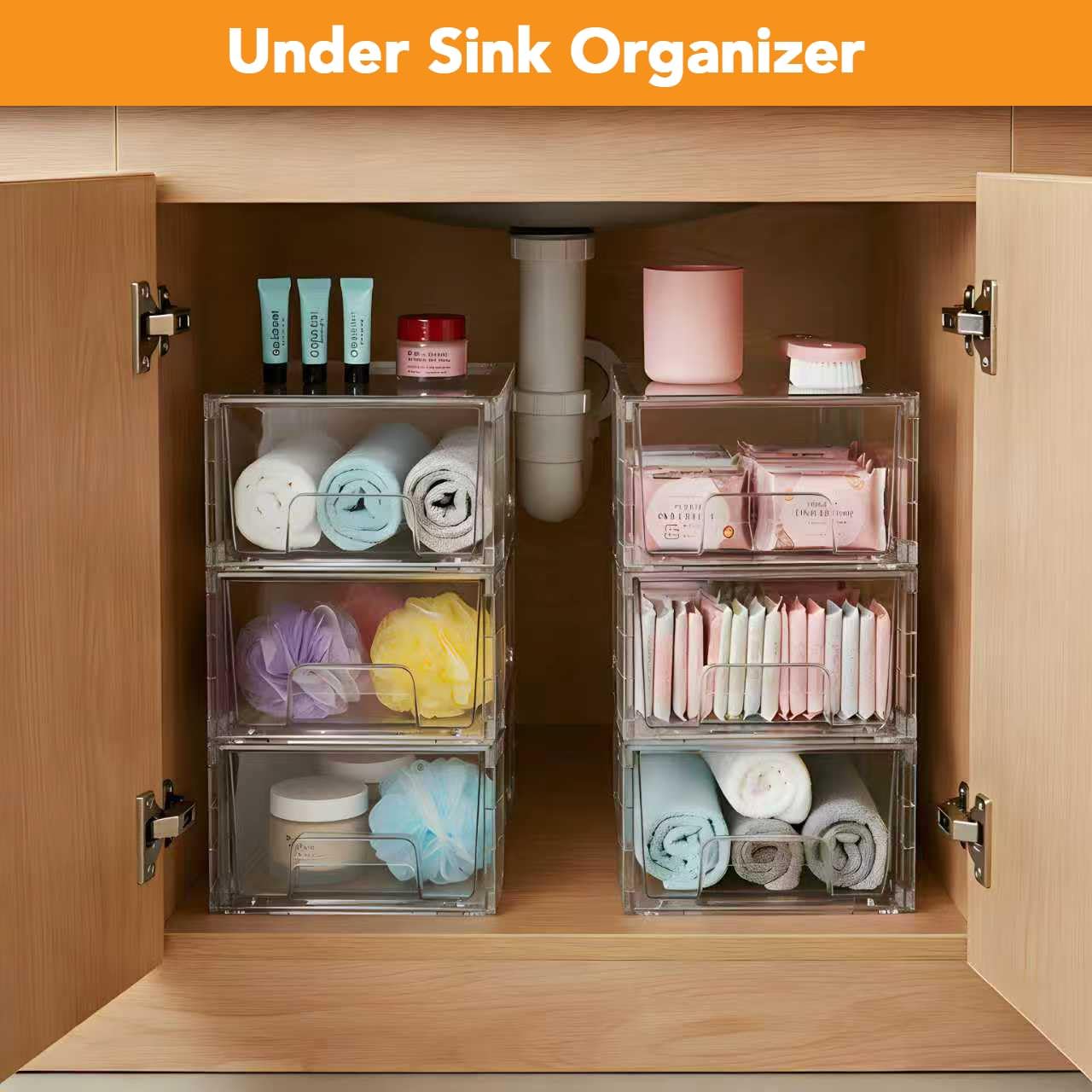 4 Pack Stackable Storage Drawers, Bathroom & Undersink Organizer with Removable Dividers - Acrylic Drawer Organizers with Handles for Fridge, Kitchen Cabinet, Pantry Storage
