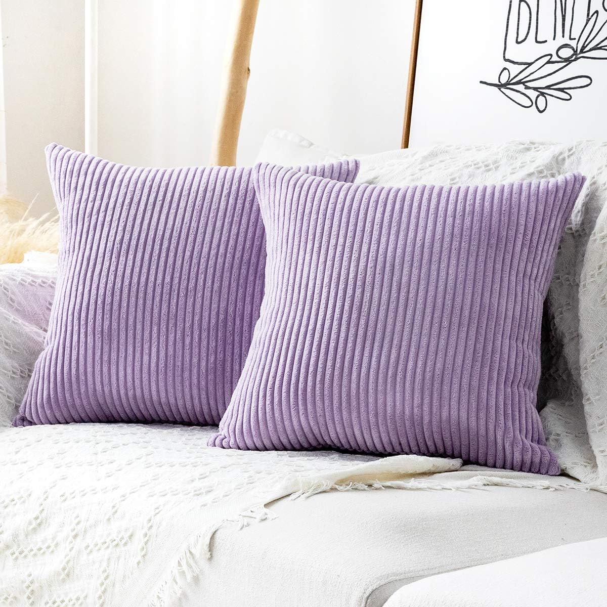 MUDILY Pack of 2 Striped Velvet Decor Throw Pillow Covers Cushion Cover for Chair Supersoft Handmade Decorative Pillowcase for Sofa Bed Bench and Outdoor, Lavender 20 x 20 inch