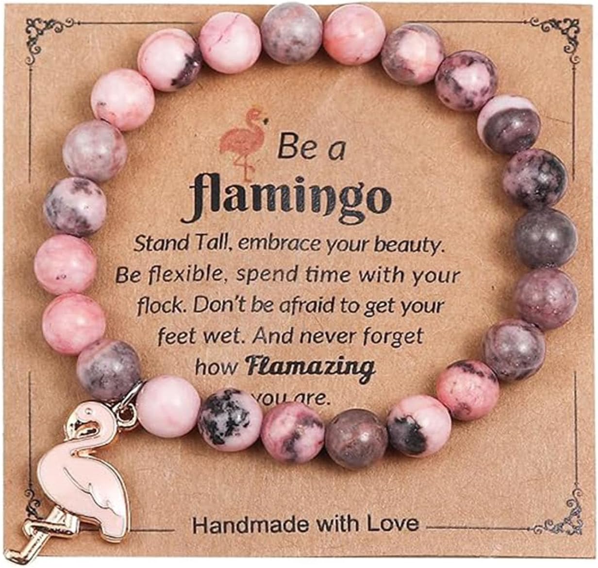 Handmade Pink Flamingo Adjustable Bracelet Natural Crystal Beaded Stone Never Forget How Flamazing You Are Inspirational Strech Bangle Sweet Jewelry for Women