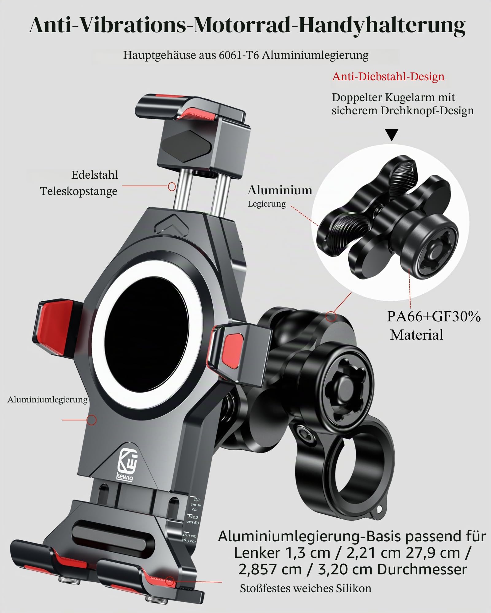 BRCOVAN Aluminiumlegierung Motorrad Handyhalterung mit Vibrationsdämpfer, Diebstahlsichere Handy Motorradhalterung, Verstellbar Lenker Handyhalter für Fahrrad, Roller, ATV, für 4,7-7,2 Zoll Smartphone