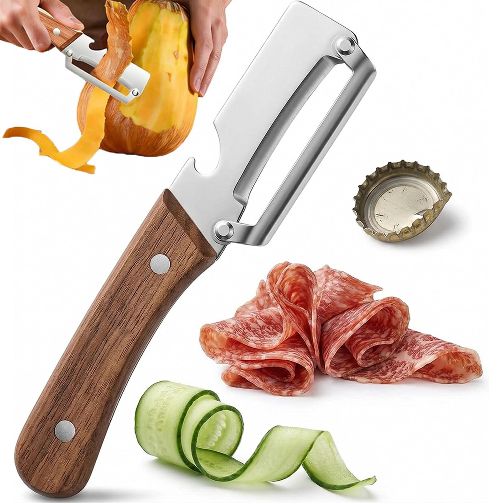 Pelador Multifuncional 3 en 1 con Mango de Madera Ergonómico, Pelador de Patatas y Frutas de Acero Inoxidable con Abrebotellas y Función de Cortador para Embutidos y Verduras - Zero Snag (2) — view 8