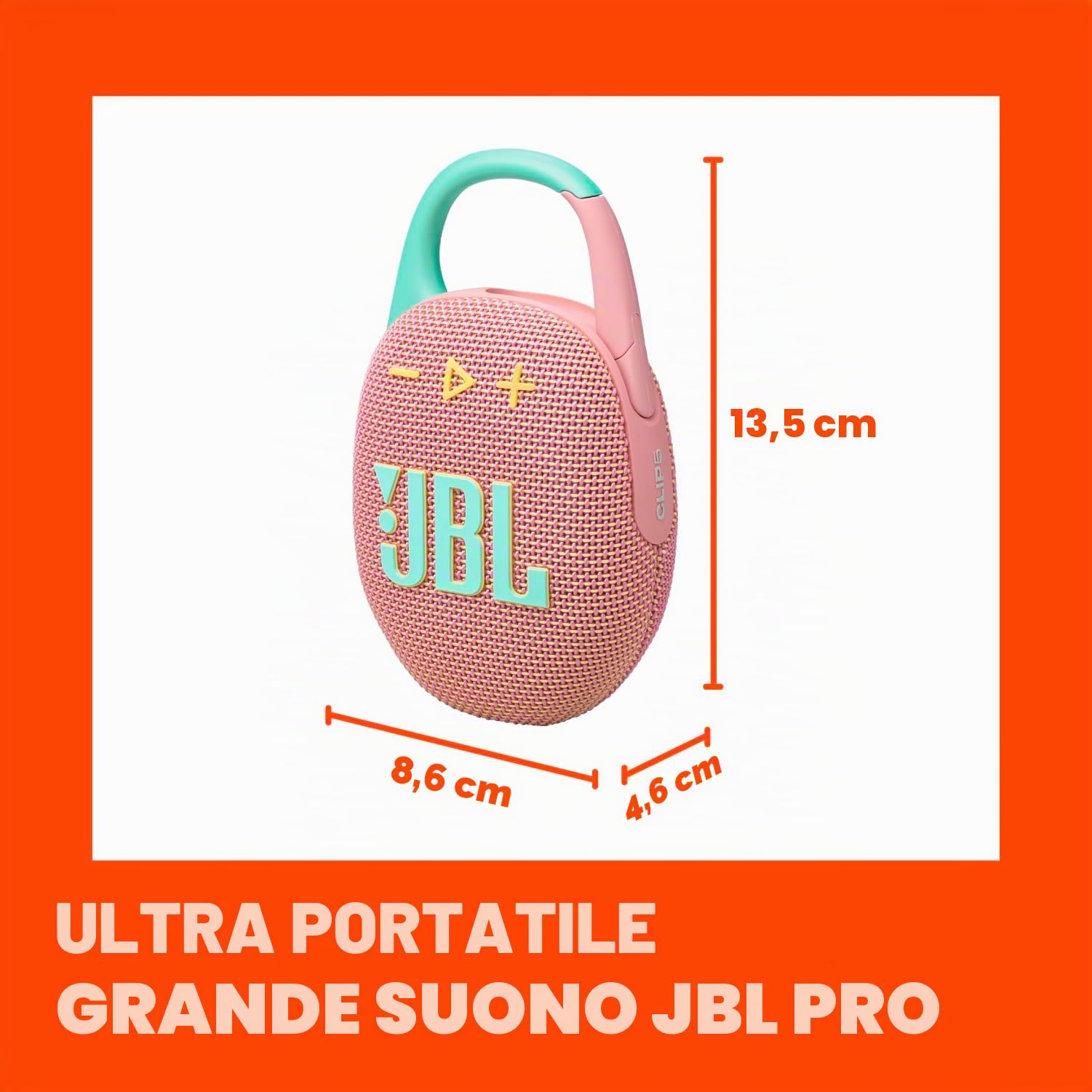JBL Clip 5 - Altoparlante Bluetooth ultra portatile, impermeabile e antipolvere, suono Big Pro con bassi potenti, moschettone integrato, fino a 12 ore di gioco, realizzato in parte con materiali