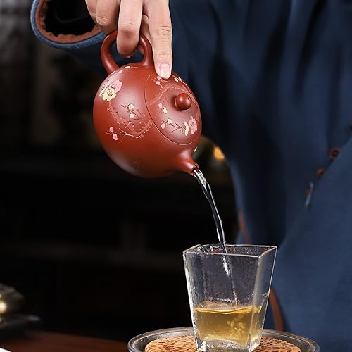 Miniatura 3 de SILINE Zisha - Juego de tetera, tetera de arcilla Yixing auténtica hecha a mano, 11.3 onzas con 2 tazas (flor Xishi, arcilla de belleza roja)
