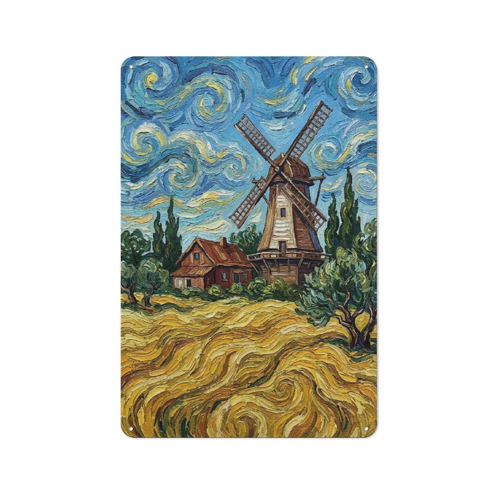 Junmoney Style-4 Tin Wall Plaque 30X20cm With Windmill And House In Field Painting For Hobby Room Or Studio, For Kitchen, Dining Room And Home Bar Wall Decor