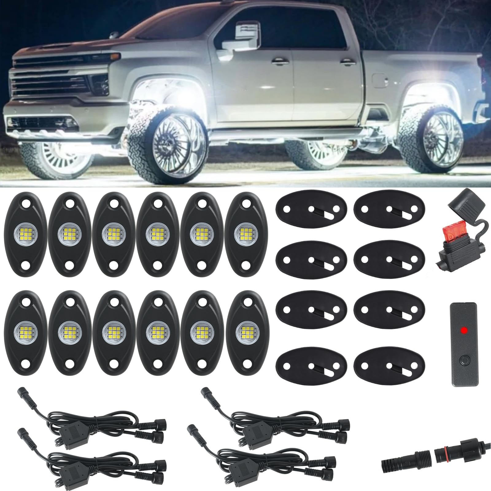 12pods White Rock Lights Dc 12v 6000k Aluminum Alloy Pure White Led Rock Lights with Switch Wiring Harness Kit Ip68 Waterproof for Trucks Pickup Off-Road Cars SUV Utv ATV Rv RZR Underglow Lights