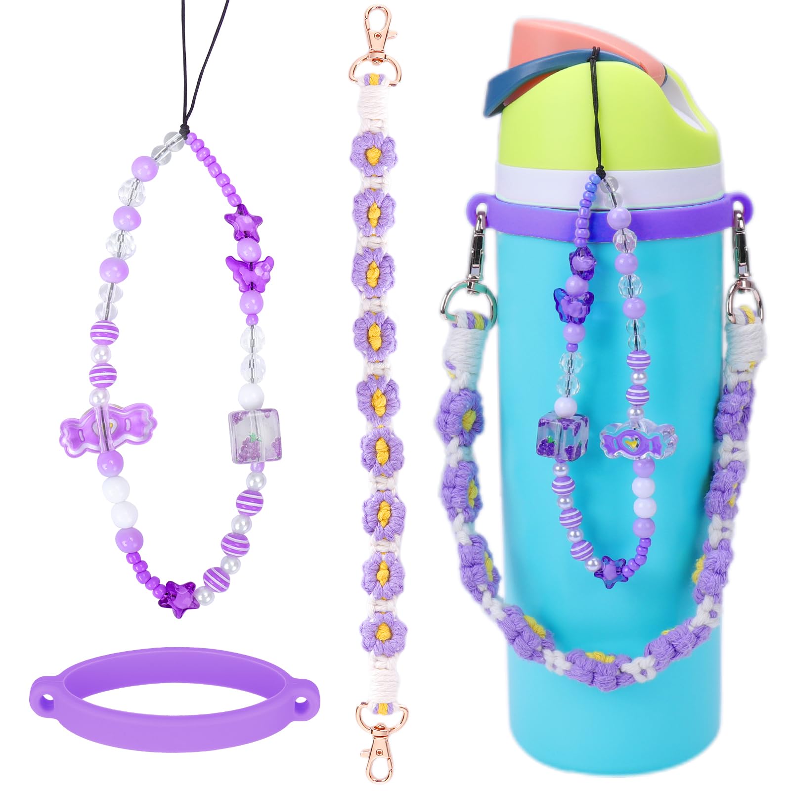 Mity Rain Owala Water Bottle Accessories Set - Bohemian Style Handle Strap & Charms For Easy Carrying (Pink)