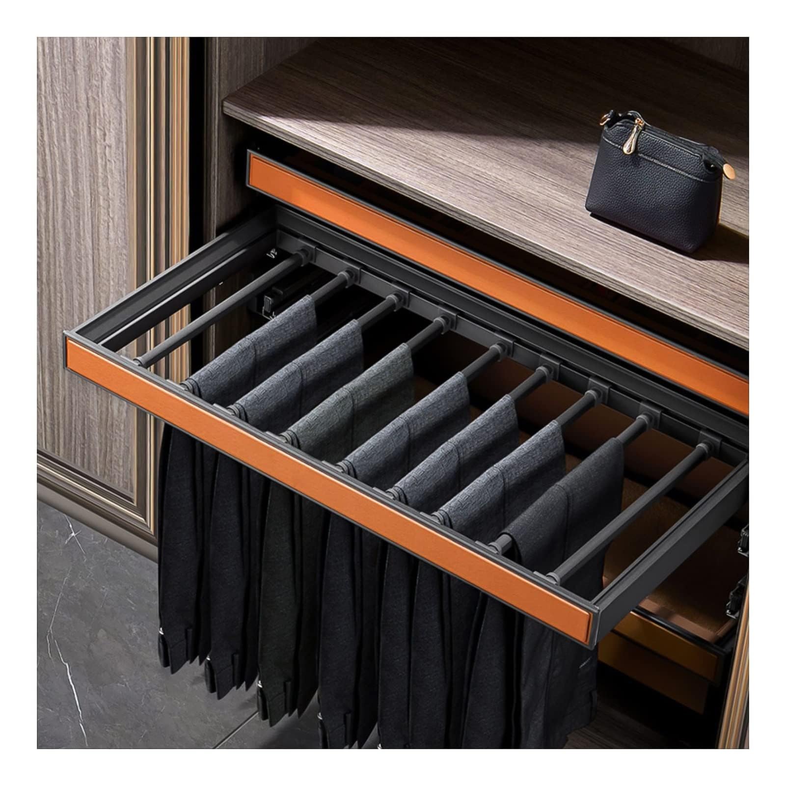 Cassetto Estraibile per Pantaloni, Asta portaoggetti Estraibile Regolabile per Armadio - Appendiabiti telescopico per Pantaloni con Sistema di Ammortizzazione per Sciarpe e Jeans, Organizer