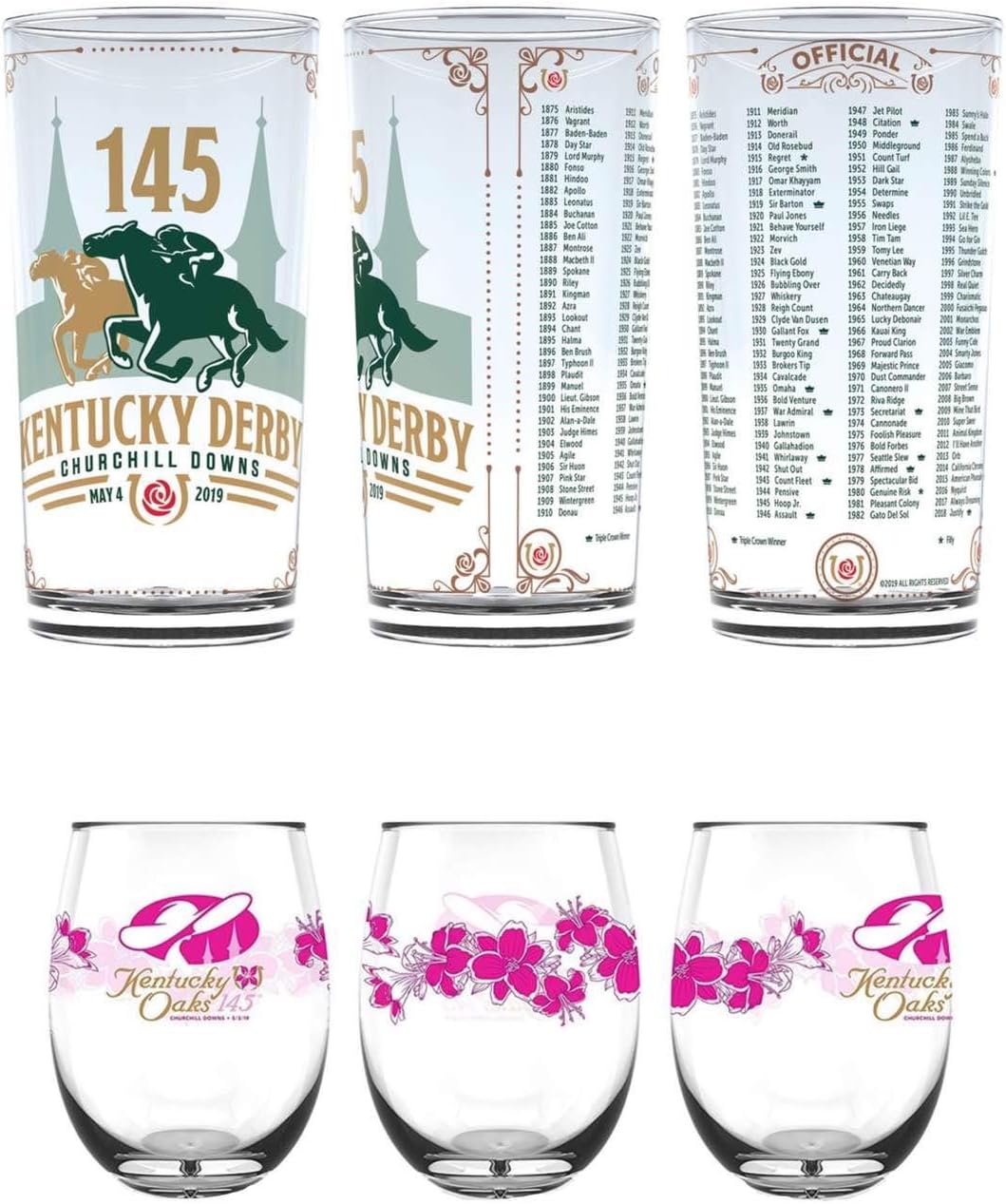 Kentucky Derby Official Mint Julep Glass & Oaks Official Stemless Wine Glass Bundle (145th/2019)