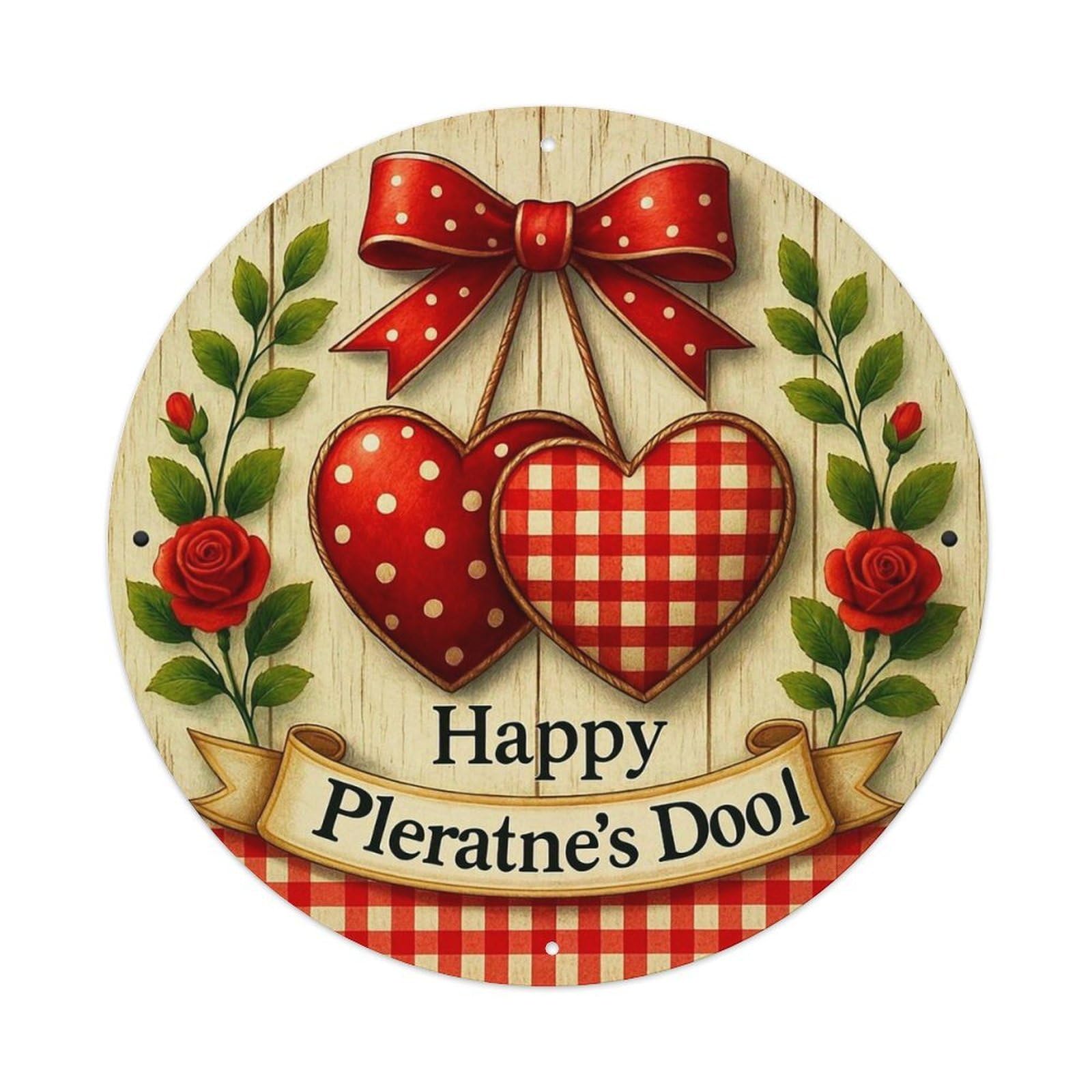 Iageret Vintage Red Polka Dot Heart Checkered Pattern Round Metal Tin Sign Wall Decor, Bar Garage Cafe Kitchen Home Wall Art Poster 8X8inches