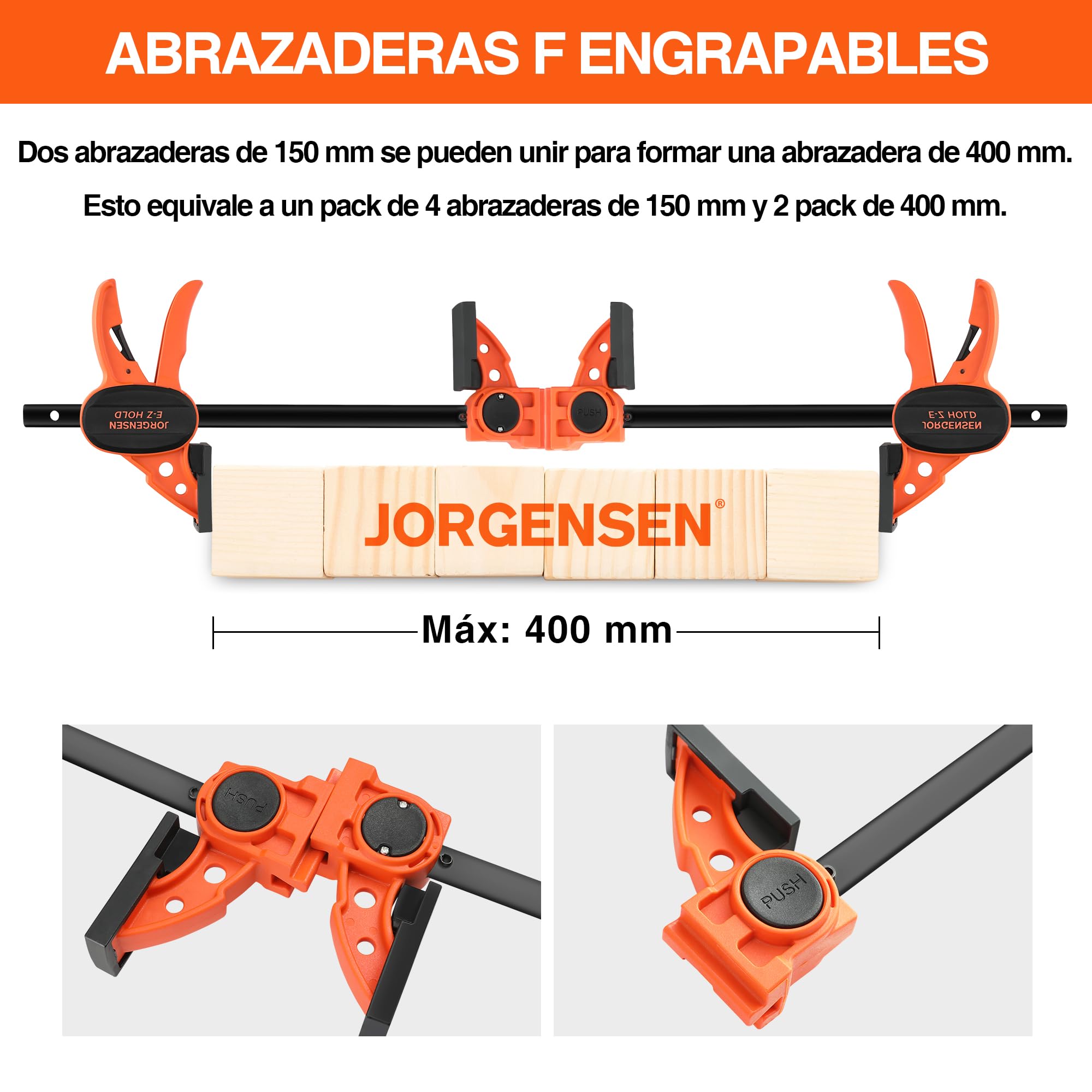 JORGENSEN 4-piezas Juego de Sargento de Madera de 150mm, Sargentos para Carpintería de Potencia 68kg, Sargentos de Barra para Herramientas y Madera