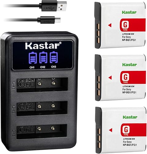 Kastar Paquete de 3 baterías + cargador USB triple LCD de repuesto para Sony NP-BG1 NP-FG1 y Cyber-Shot DSC-W220 DSC-H3 H7 H9 H10 H20 DSC-H50