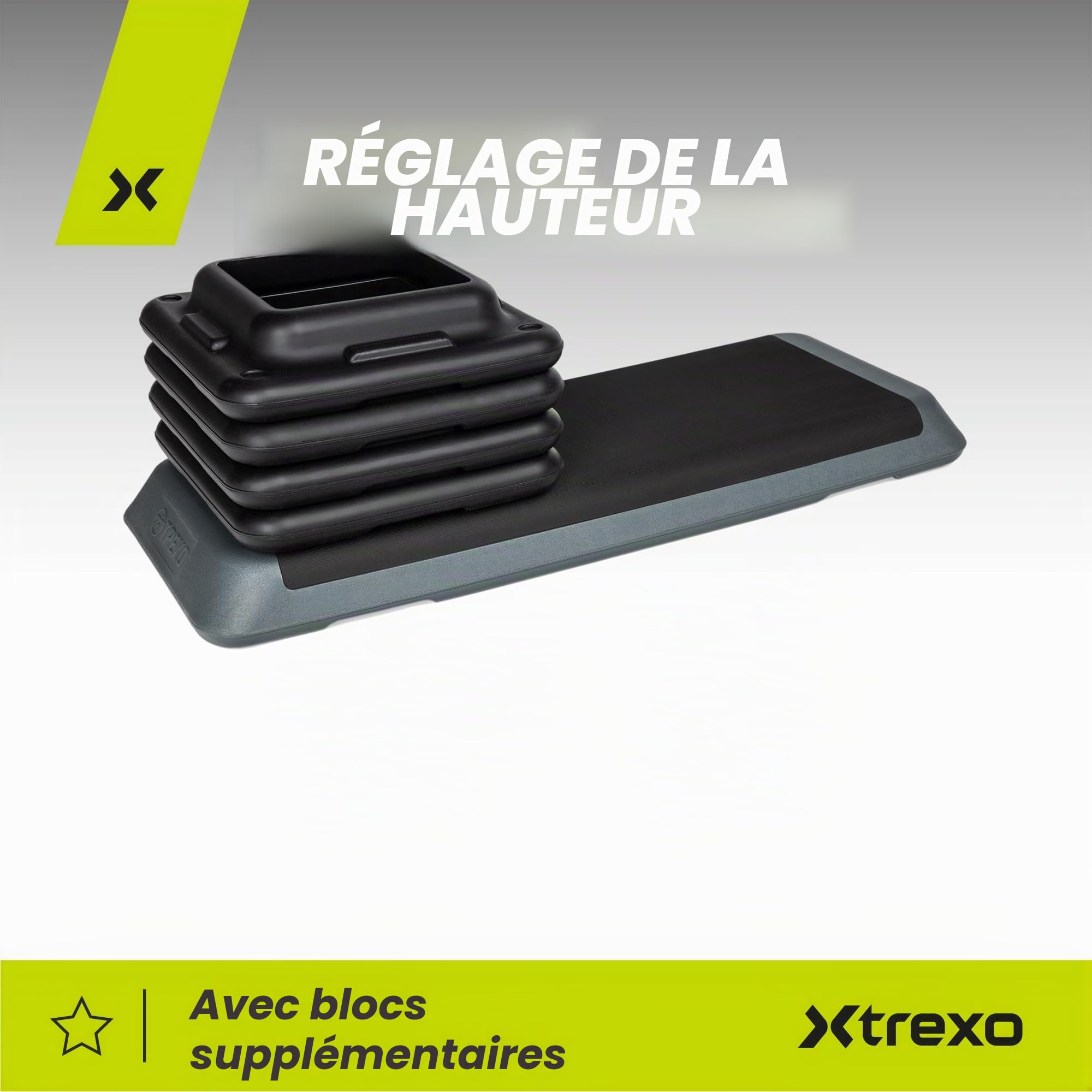 TREXO step d'exercice aérobique pour le cardio-training Hauteur réglable 10-15-20 cm Grande table 109 x 41 cm Durable Matériaux de haute qualité Exercice jusqu'à 250 kg VERT