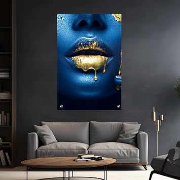 CRYPTONITE Lip Art Acrylic Home Decor | Modern Interior Design | Acrylic Wall Art I Picture Photo Printing for Wall Decor | Multiple Size and Wood Support Options Wide 8"x 12" Height, Gold