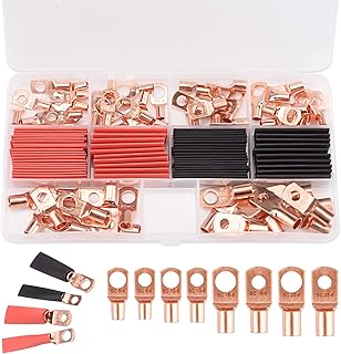 120pcs Copper Wire Terminal Connectors Kit, 4/6/8/10/12AWG, Including 60pcs Heavy Duty Wire Lugs and 60pcs Heat Shrink Tubing Battery Electrical Cable Ends