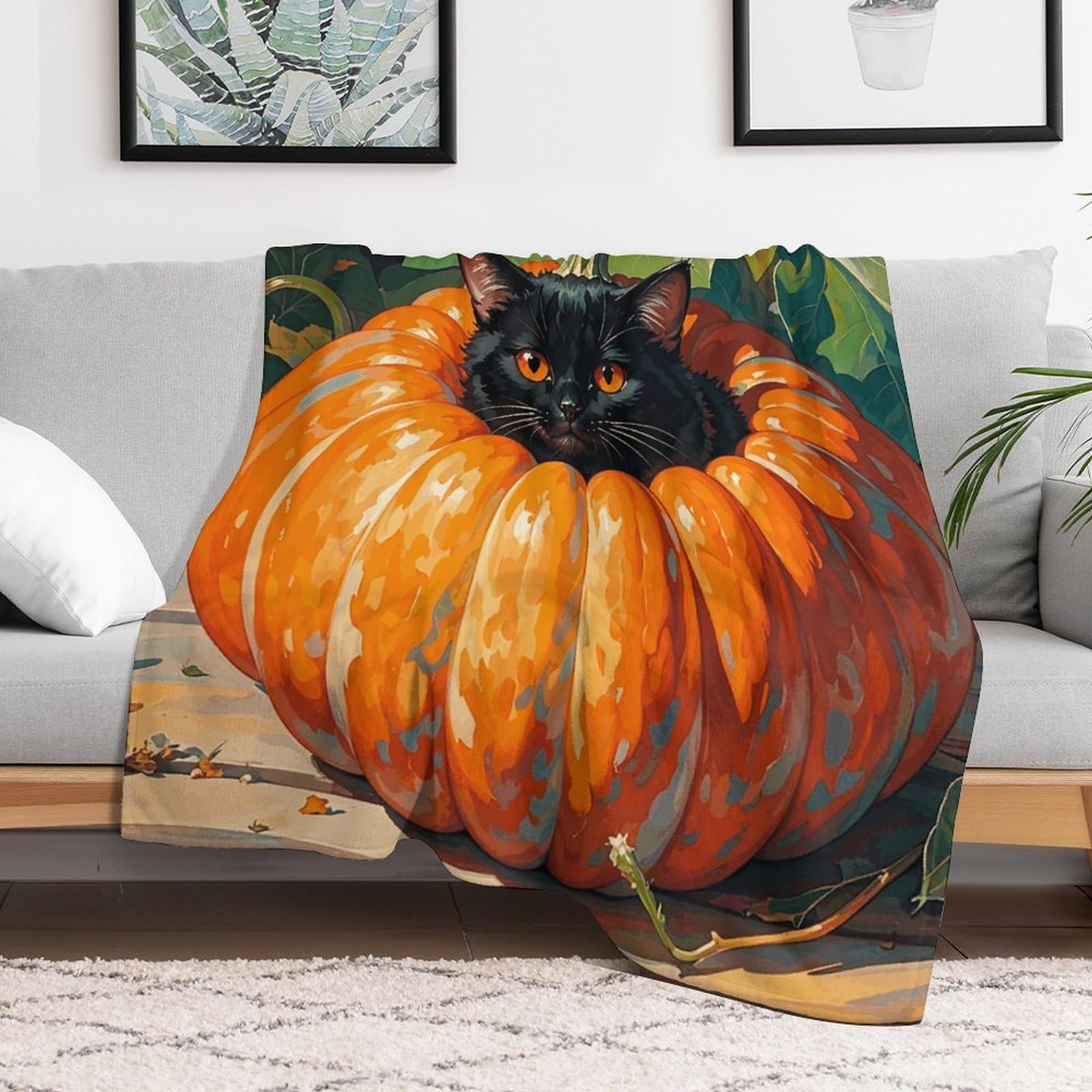 Custom Retro Black Cat Pumpkin Blanket Lightweight Flannel Fleece Throw for Couch Sofa Bed Luxury Soft Cozy Plush Lap Bedtime Blanket for All Seasons Bedroom Home Decor Gifts 30x40