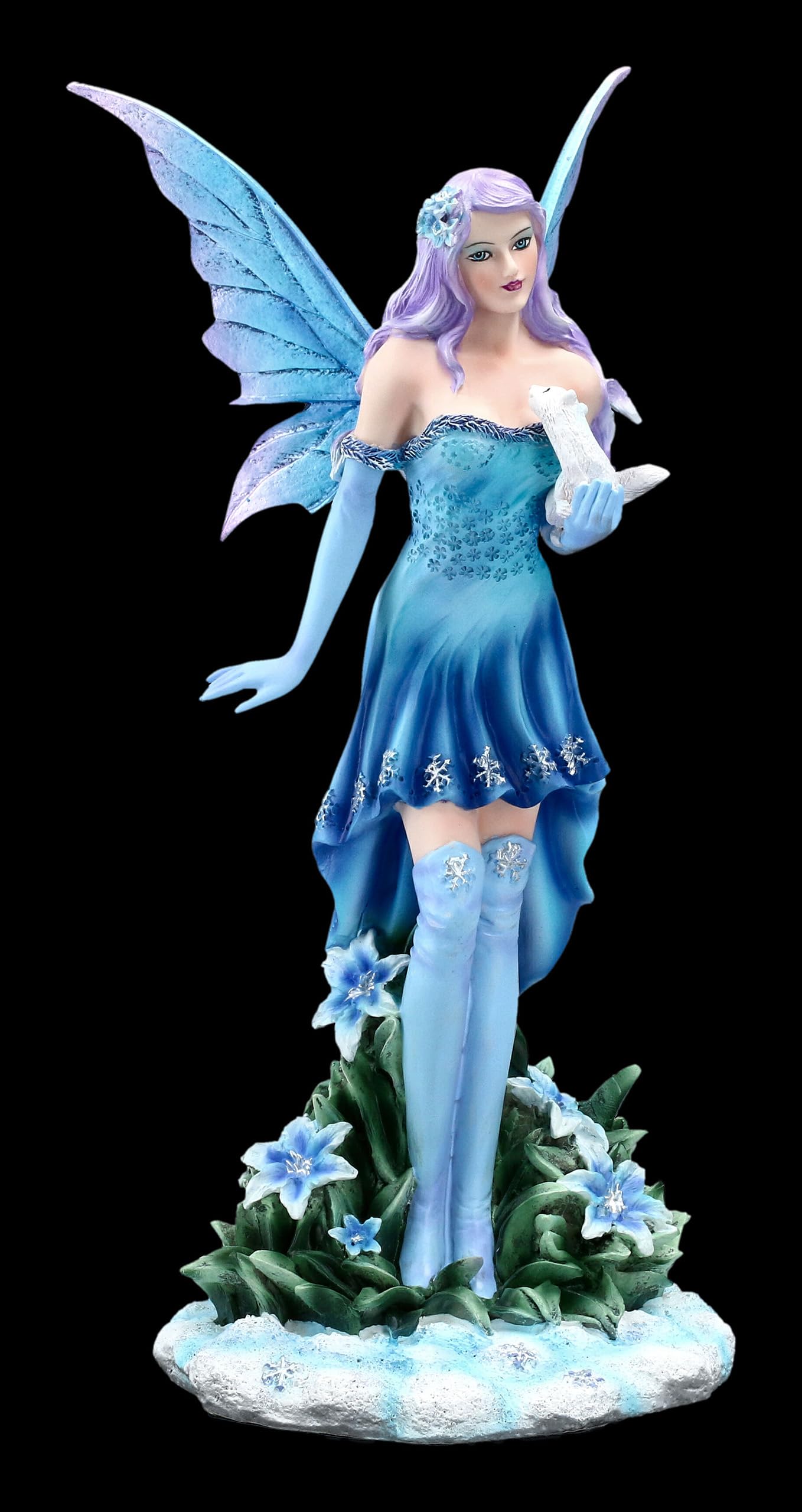 Winter Elfen Figur Melly mit weißem Frettchen, 26 cm, Kunststein, Handbemalt - Winterlandschaft, blaues Kleid