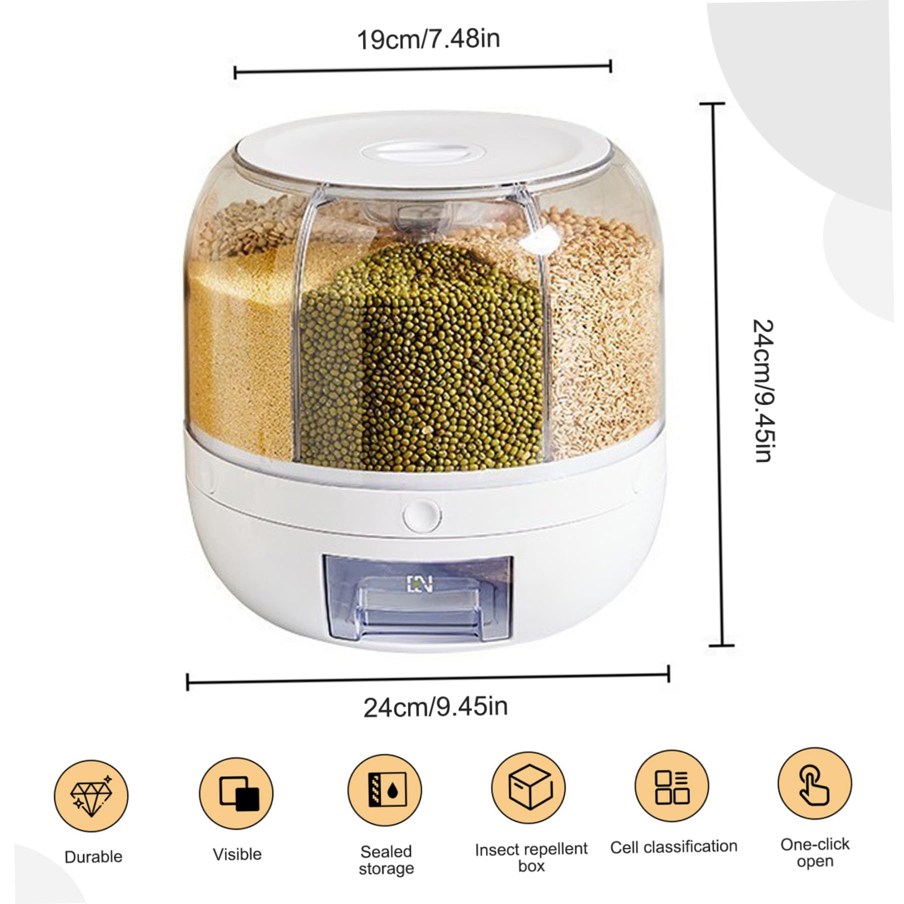 Veesper Distributore di lenticchie, contenitori di stoccaggio della cucina a grana di grande capacità 6 griglie a 360 ° distributore di riso cereali rotabili con coperchio per fagioli bianchi bianchi