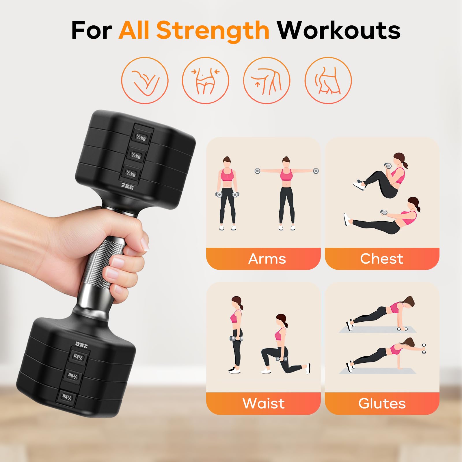 JOROTO Hanteln Set, 4-in-1 Verstellbare Hanteln Kurzhanteln 2er Set, 2–5 kg, mit Verchromtem Rutschfestem Griff, Geeignet für Männer und Frauen, für Krafttraining, Fitness und Heimtraining (Schwarz)