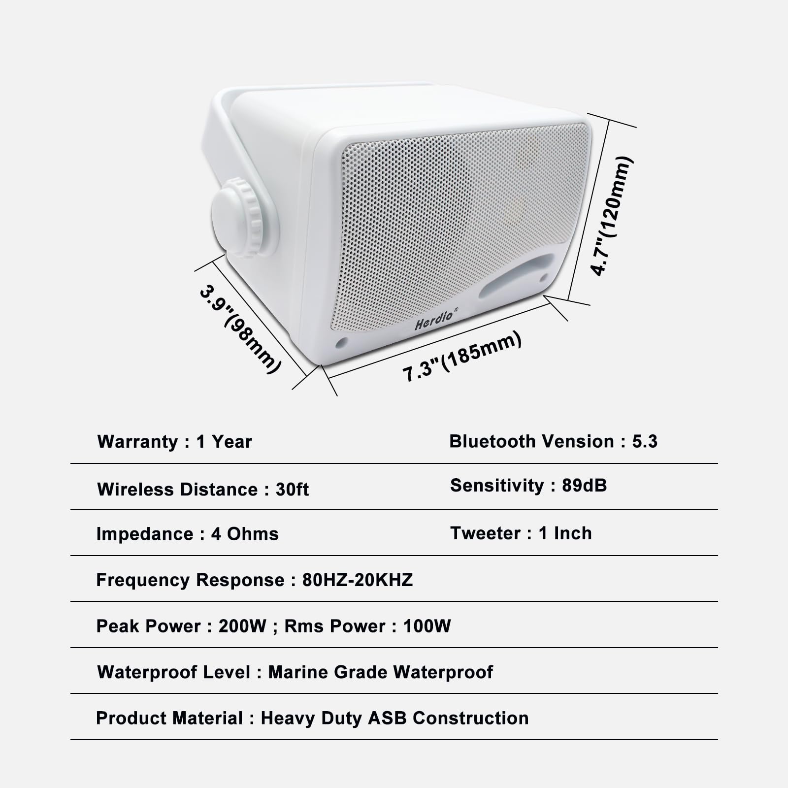 Herdio Głośnik zewnętrzny Bluetooth 3,5" 3-drożny 200 W wodoszczelny, odporny na warunki atmosferyczne do użytku na zewnątrz patio ogród taras łódź restauracja (1 para'