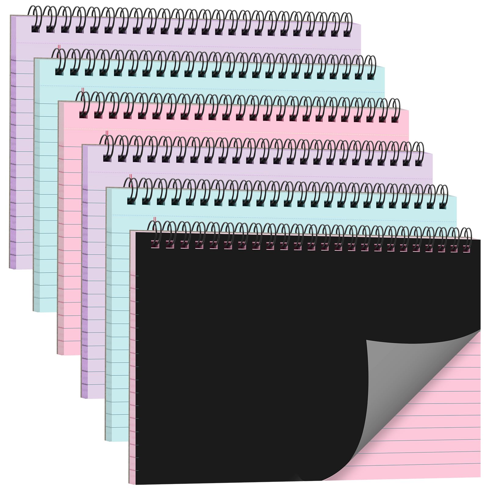 MotiMind Confezione da 6 quaderni a spirale da 21,1 x 14,7 cm, piccoli blocchi per appunti a righe perforati, 40 fogli ciascuno, piccolo blocco note Steno con copertina nera per casa e ufficio (colori