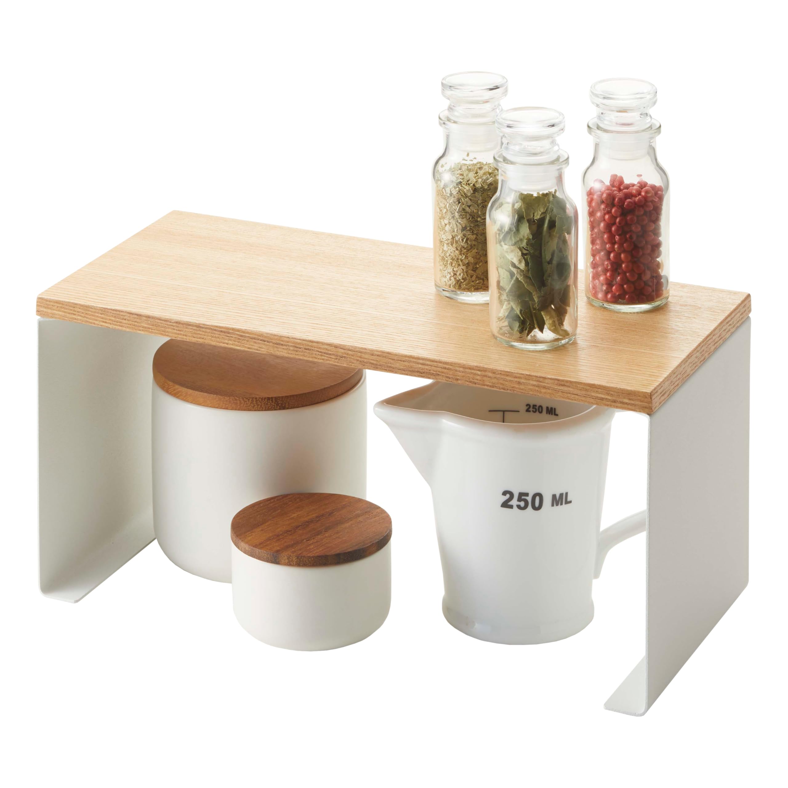 Yamazaki Home Tosca Wood-Top Stackable Kitchen Rack - Modern Counter Shelf Organizer - Small - Steel + Wood - Stack Up To Two