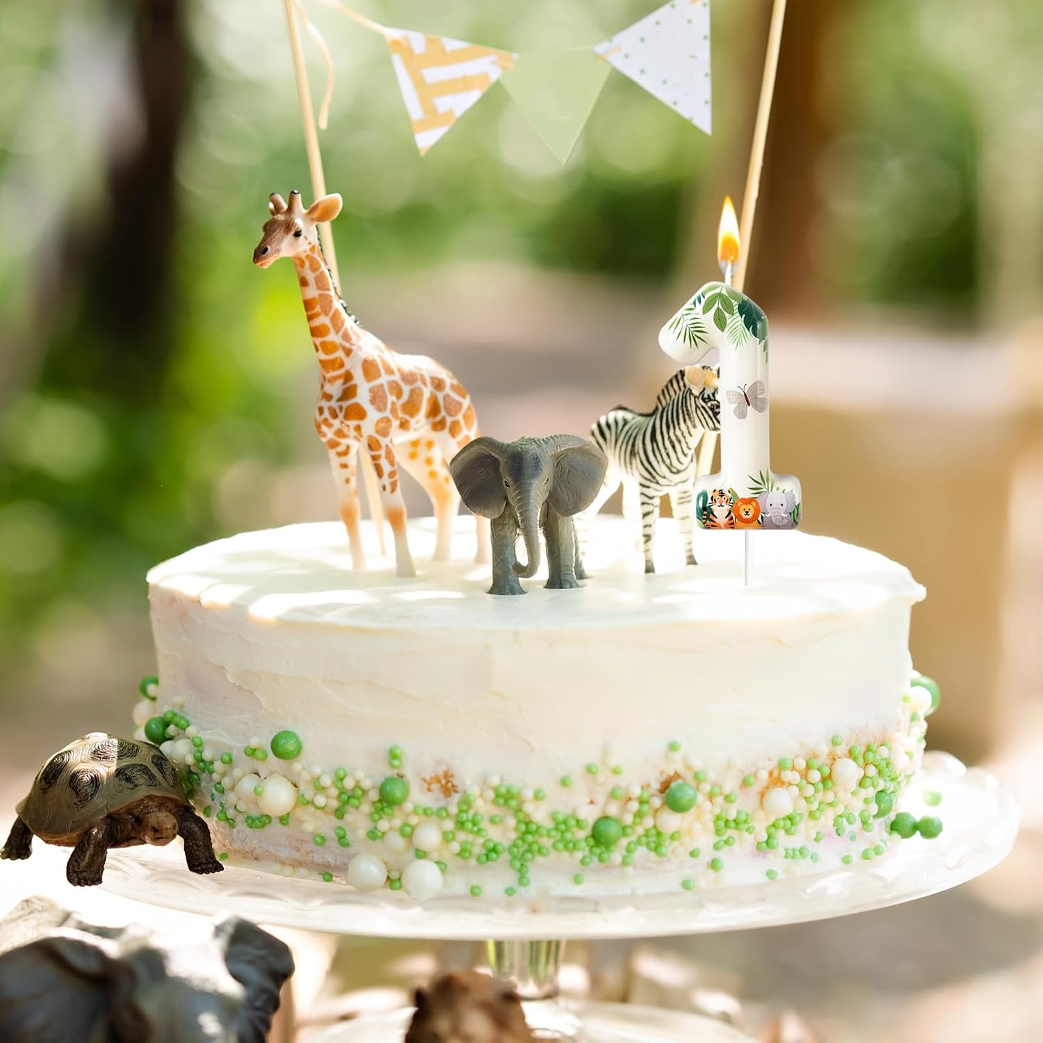 Green Forest Number 1 Birthday Candles - Tiger Lion Elephant & Butterfly Cake Topper for Birthday Decorations Supplies, Animal Themed Party Favors (Number 1)