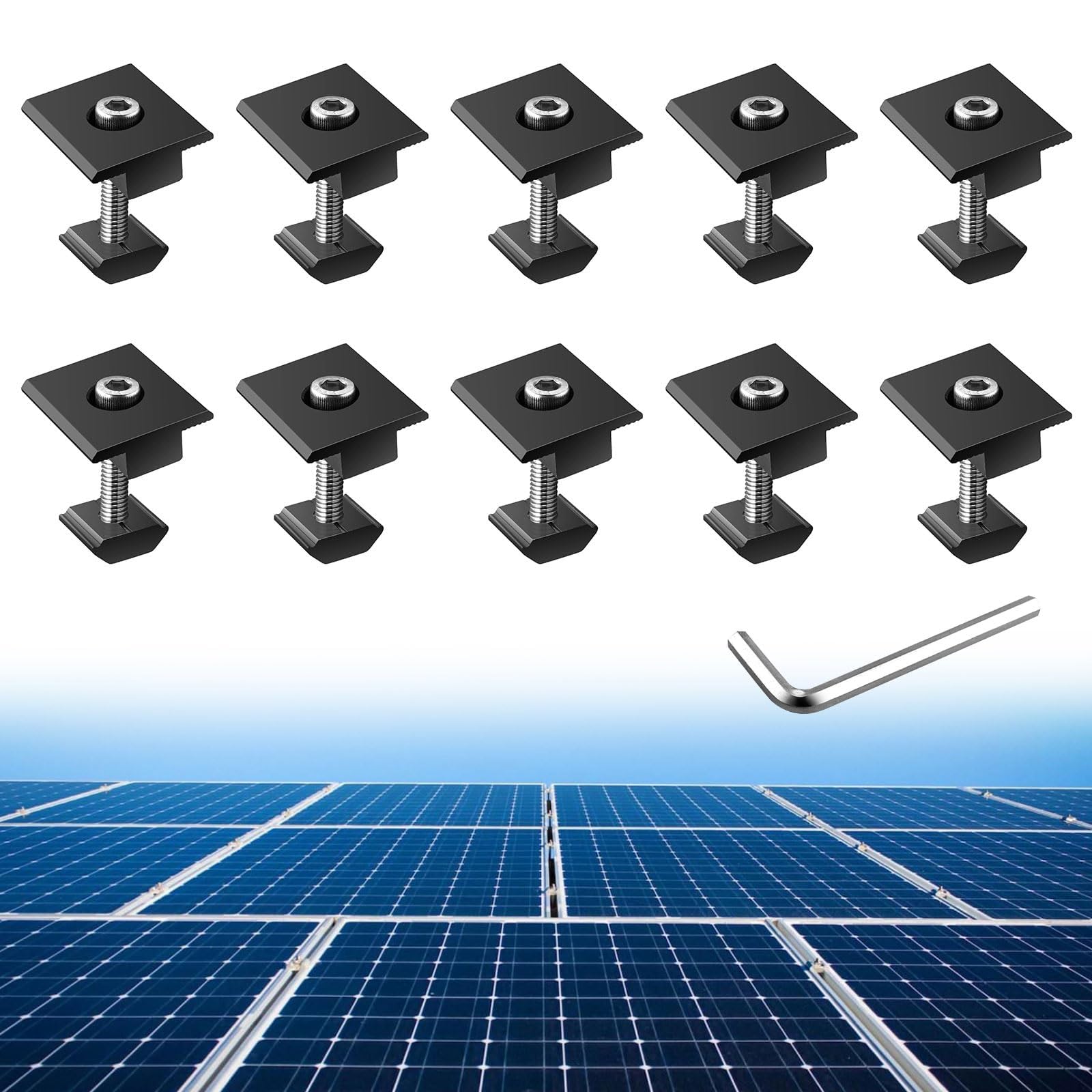 Anbte 10PCS Clip Central T Aluminium pour Support Panneau Solaire 30mm/35mm | Alliage Aluminium Résistant, Montage Rapide avec Clé, Compatible Toit, Camping-car, Bateau