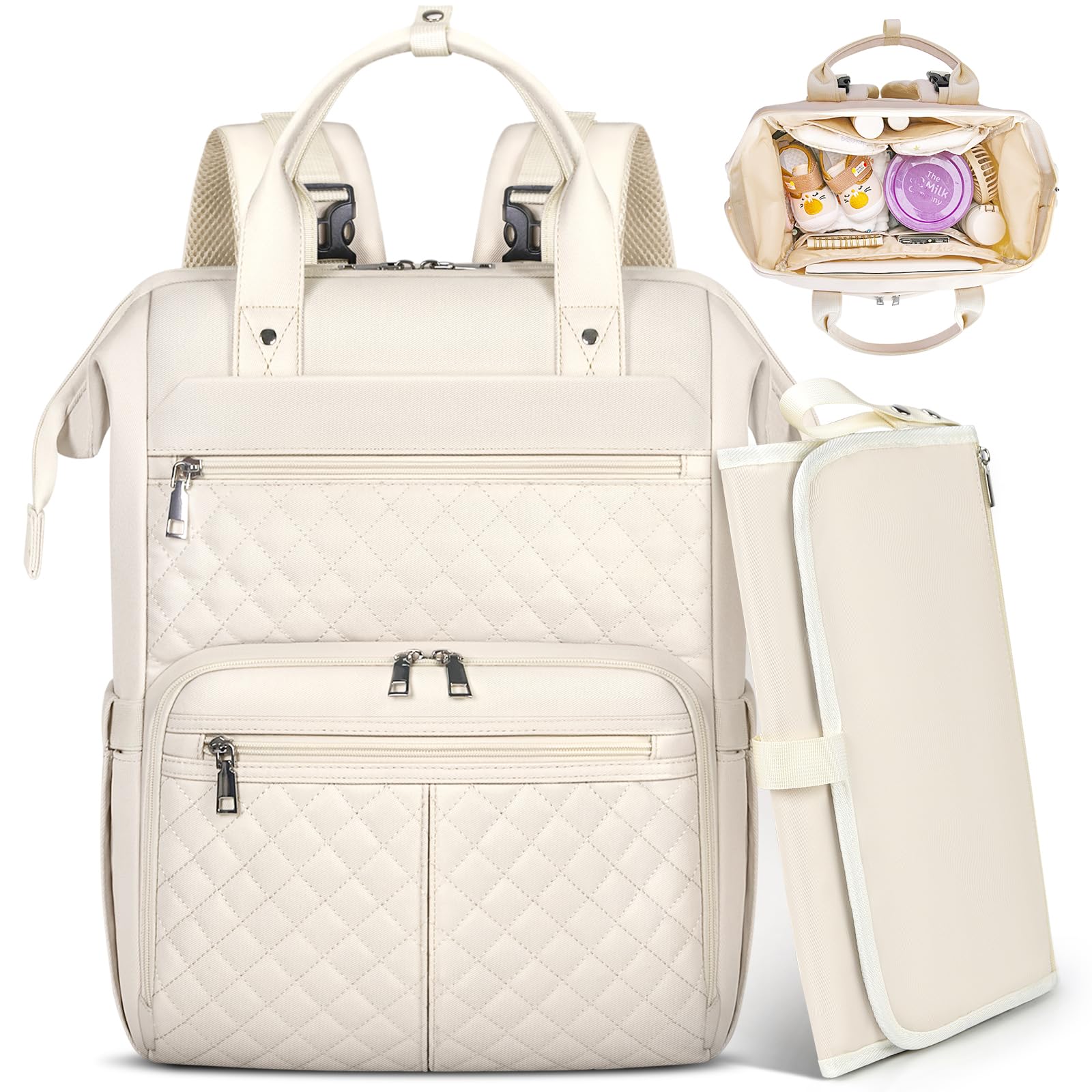 RAINSMORE Zaino Mamma Multifunzione con Fasciatoio Portatile e Grande Borsa Neonato Ganci per Passeggino per Mamma e Papà Bianco