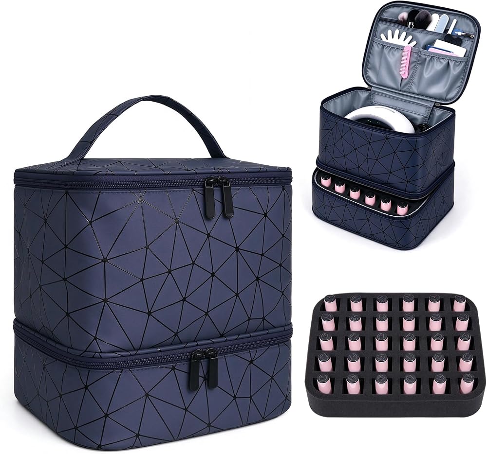 Nail Polish Organizer Case,Double-Layer,Holds 30 Bottles & Nail Lamp(blue — 사진 1