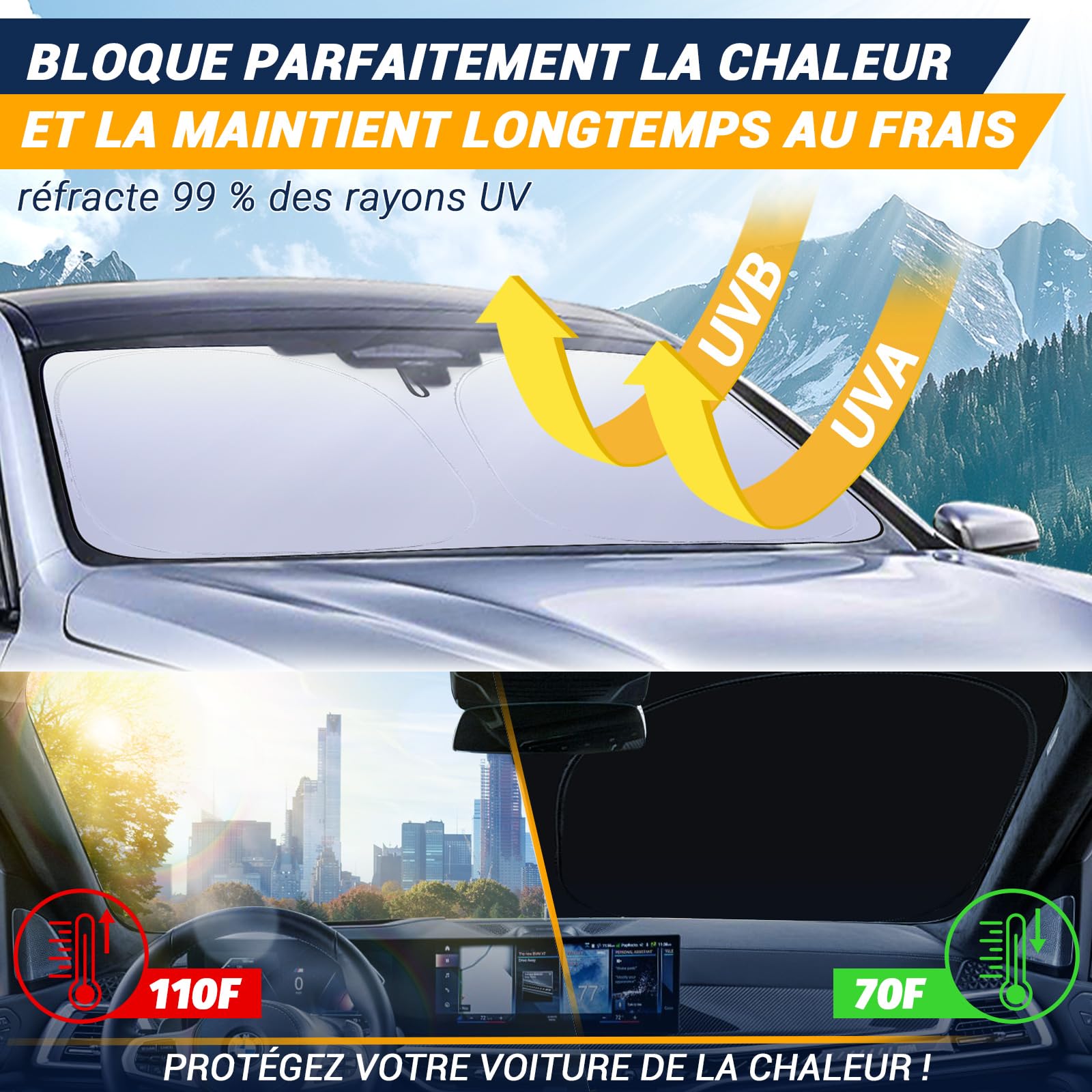 Pare-Soleil Voiture,Pare-Brise de Voiture,Protection UV Voiture,2025 Pliable Parasol réfléchissant avec Protection UV pour Pare-Brise Voiture (L)