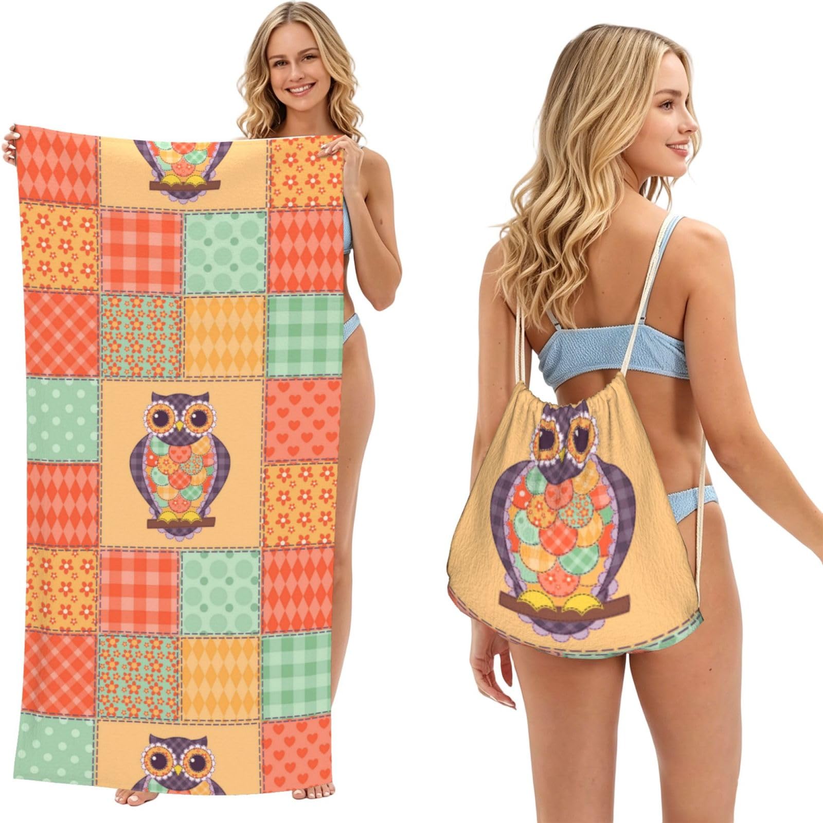 Poadnly As Picture Colored Patchwork Owl, 2 In 1 Packable Towel Bag, Beach Towels With Drawstring Backpack For Travel Holiday Camping