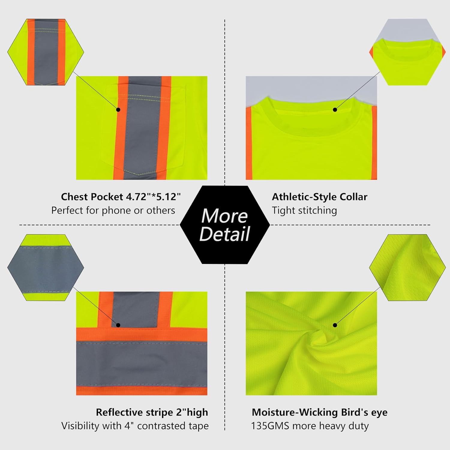 VENDACE Men's High Vis Safety Work T Shirt ANSI Class 3 Reflective Long Sleeve Shirt with Pocket(Yellow,L) - Image 6