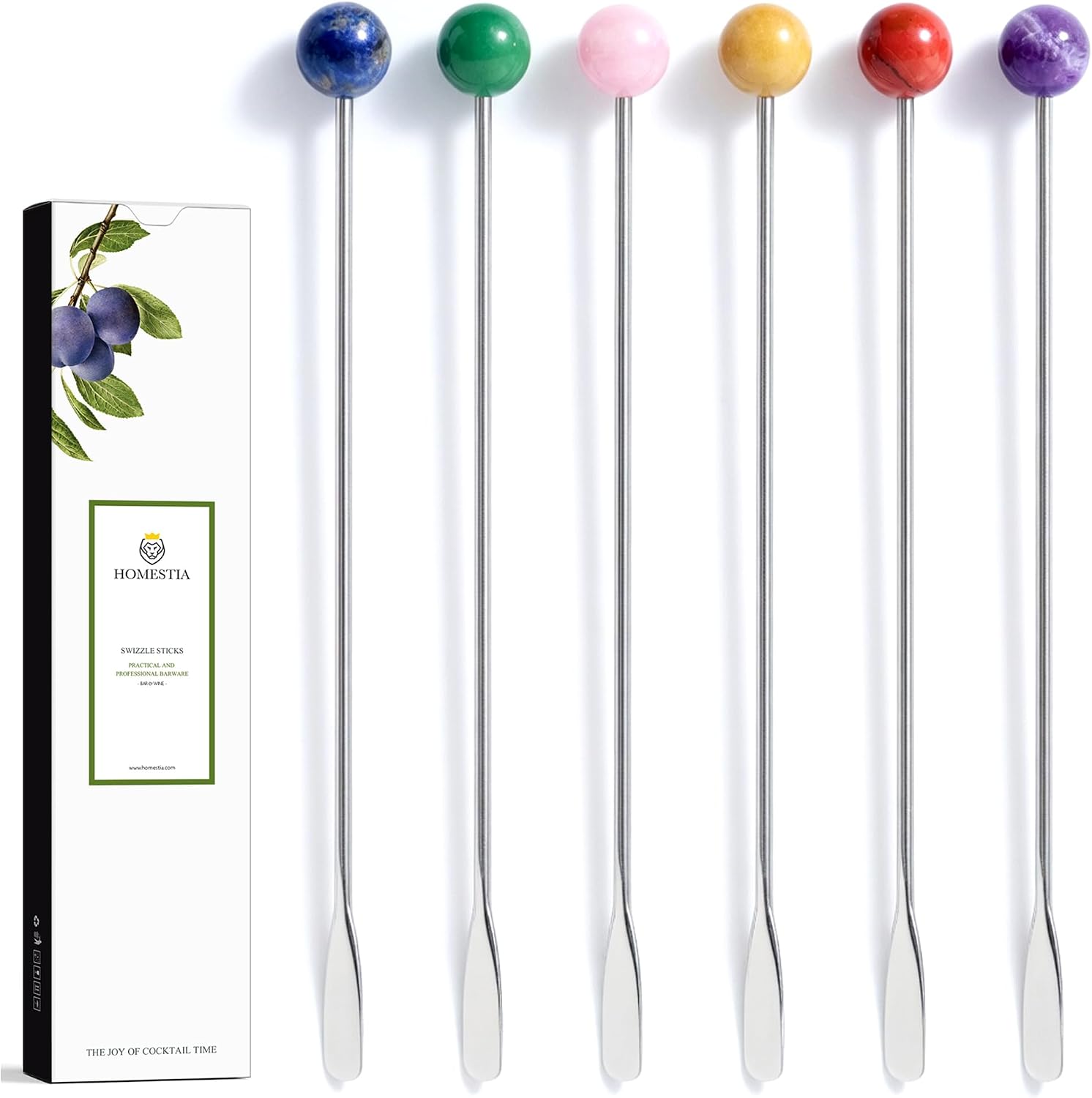 Homestia 6 Pcs 7.5'' Metal Stir Sticks, Colorful Gemstone Cocktail Stirrers