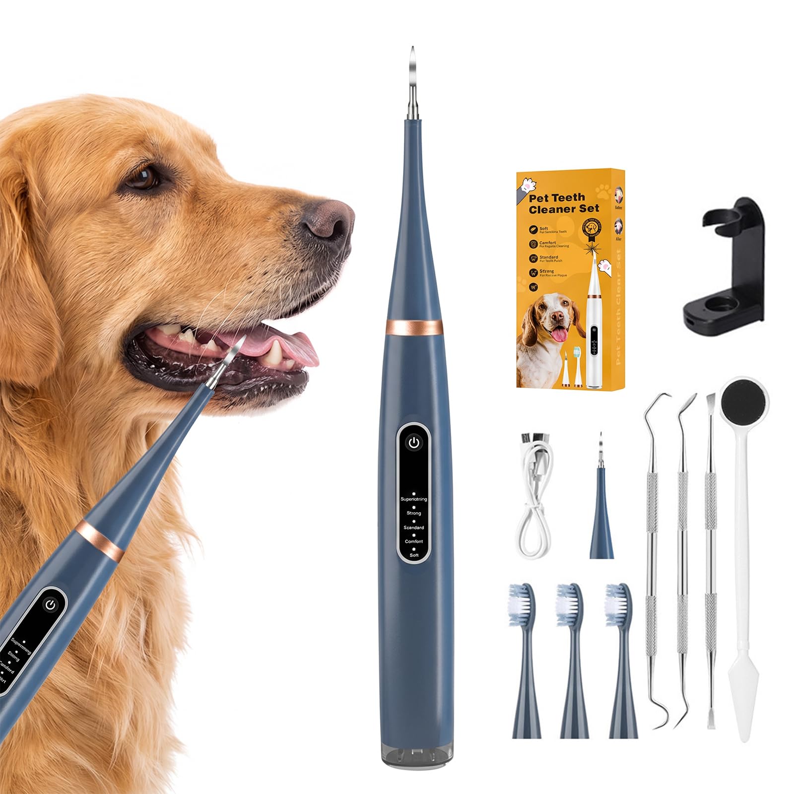 AURIVEE® Ultrasonic Teeth Cleaner for Dogs & Cats, 5 Cleaning Modes, LED, IPX7 Waterproof, USB-C Battery, Blue, Includes 3 Brush Heads & 2 Tartar Removers