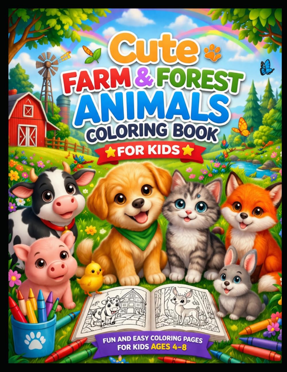 CUTE FARM & FOREST ANIMALS COLORING BOOK FOR KIDS: Fun and Easy Coloring Pages with Dogs, Cats, Bears and Foxes