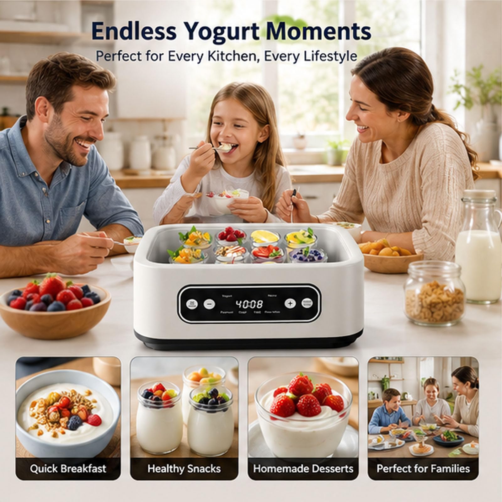 Yogurtiera con controllo regolabile di tempo e temperatura, con 9 vasetti in vetro da 100 ml, spegnimento automatico e temperatura costante, ideale per preparare dessert greci fatti in casa