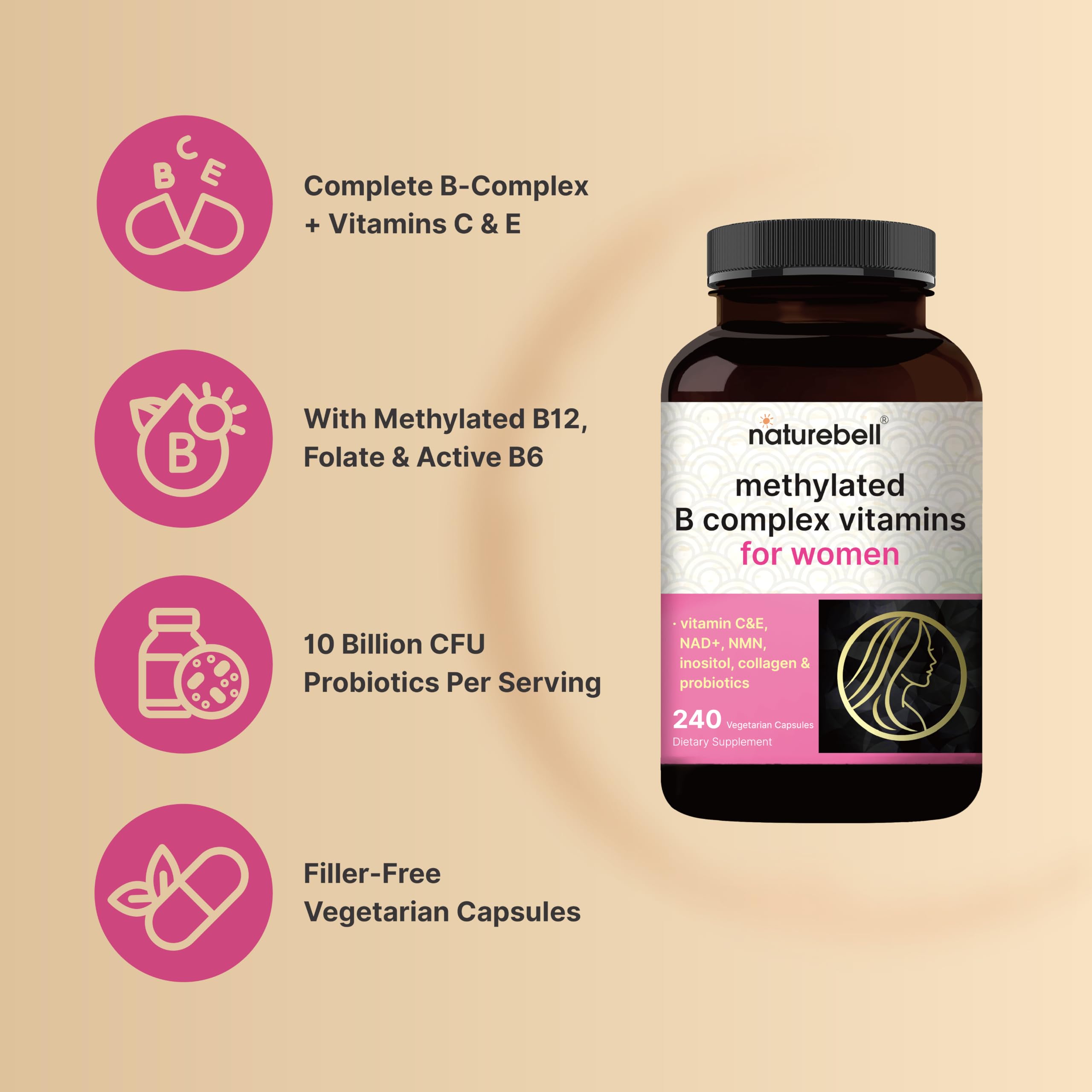 NatureBell Methylated B Complex Vitamins for Women, 240 Veggie Capsules — Amazon image 3