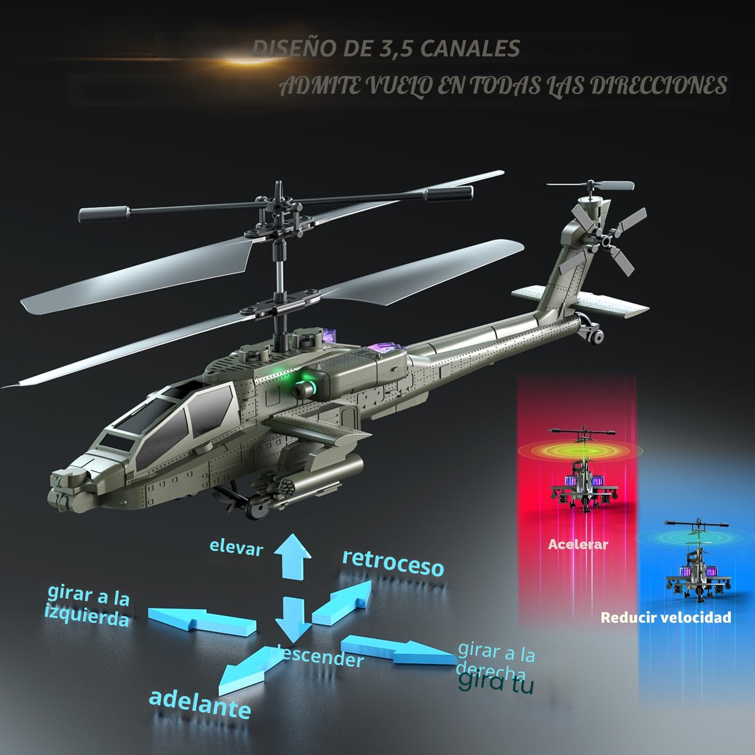 VATOS Helicóptero teledirigido 2.4G con 2 baterías y luz LED con despegue con un solo botón, serie militar de juguetes helicóptero RC para niños o principiantes de edades comprendidas entre 14 y más