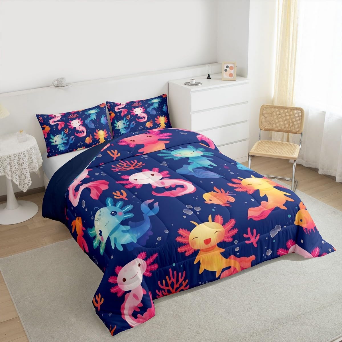 Feelyou Colorful Axolotl Kids Comforter Set Toddler Size Cute Axolotl Bedding Set Cartoon Salamander Duvet Quilt for Boys Girls Room Kawaii Ocean Sealife Decor Gift for Girls Women Soft Breathable