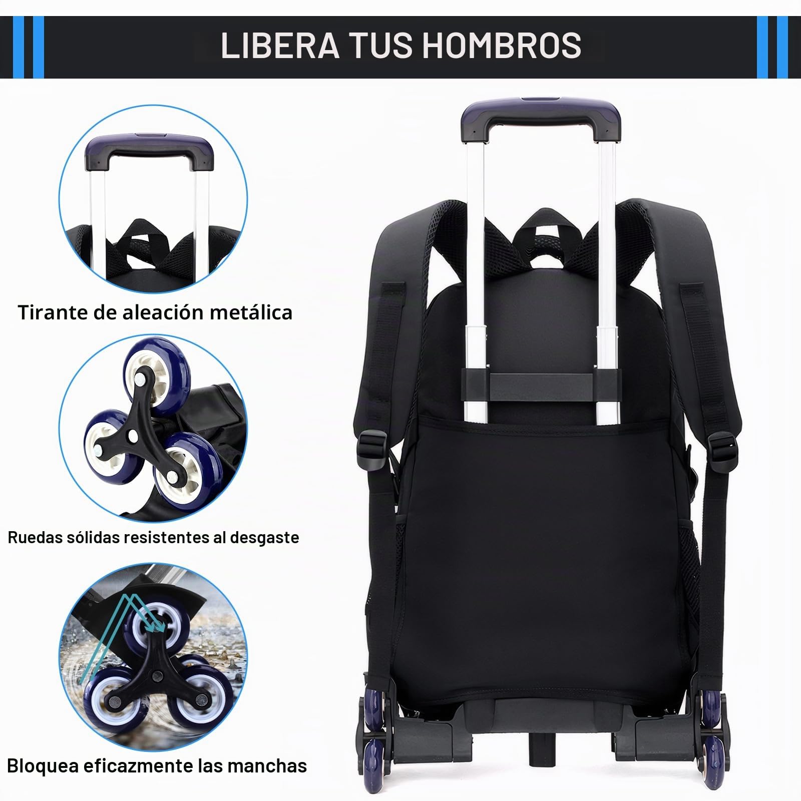 Amythe Mochila con Ruedas para Niños y Adolescentes, 6 Ruedas Negro | Mochilas Escolares Trolley Gran Capacidad para Chicos 9 10 12-18 años , Desmontable Carro Mochila para Viajes y Escuela