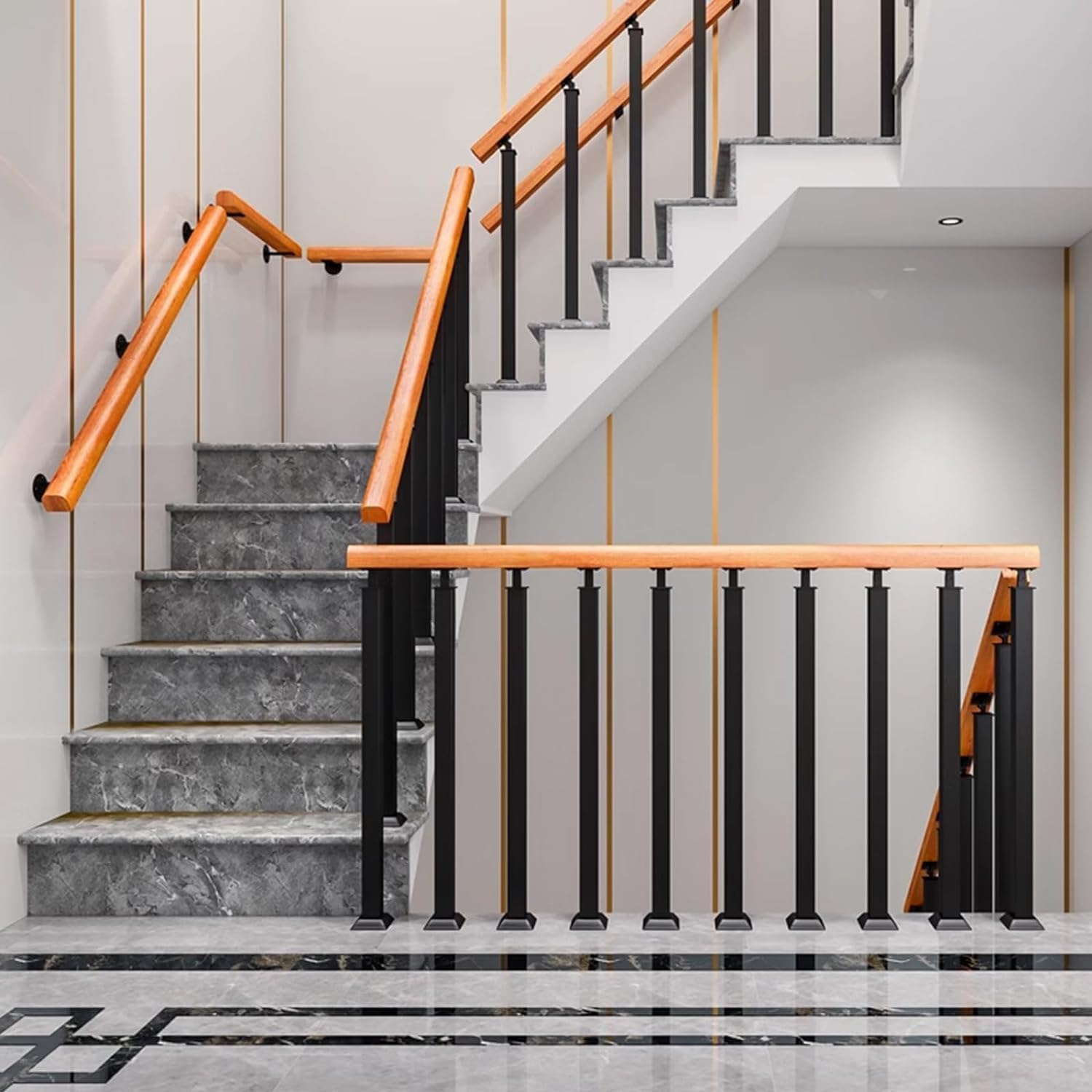 Square Stair Baluster Posts- 270° Adjustable Metal Railing Spindles with Flat Bracket Base and Screws Kits; Black Iron Posts are Suitable for Deck, Balcony, Stair, Indoor and Outdoor Decor