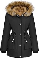 Wiepux Women's Winter Puffer Jacket with Removable Fur Hood, Thicken Fleece Lined Warm Parka Coat Full Zip Overcoat