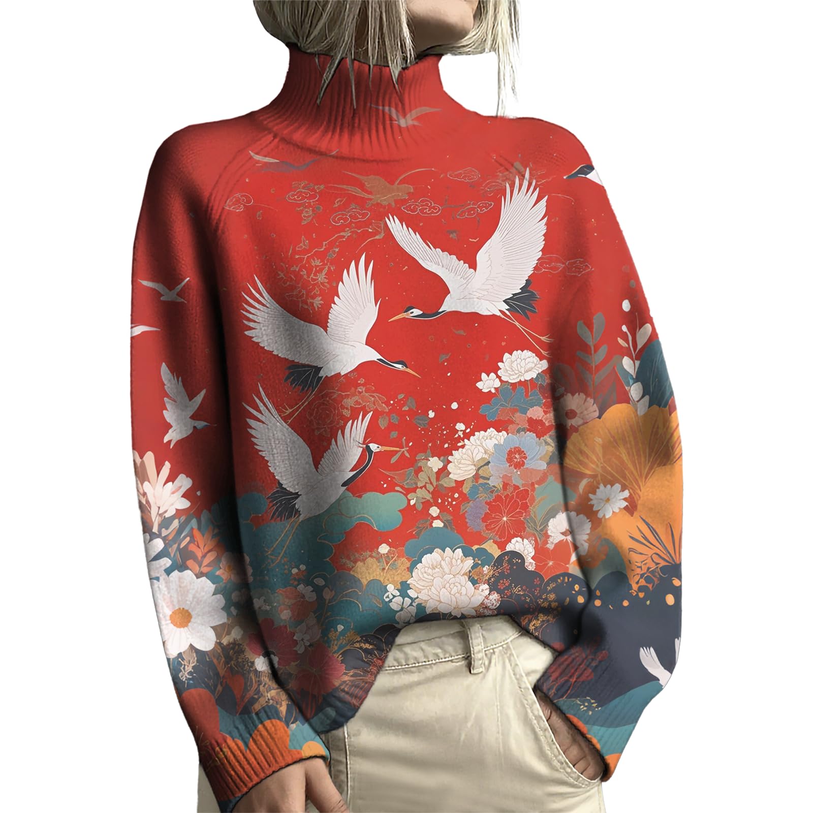 Floral Print Turtleneck Sweater Women Vintage Ethnic Graphic Sweaters Casual Long Sleeve Fall Fashion Knitted Sweater