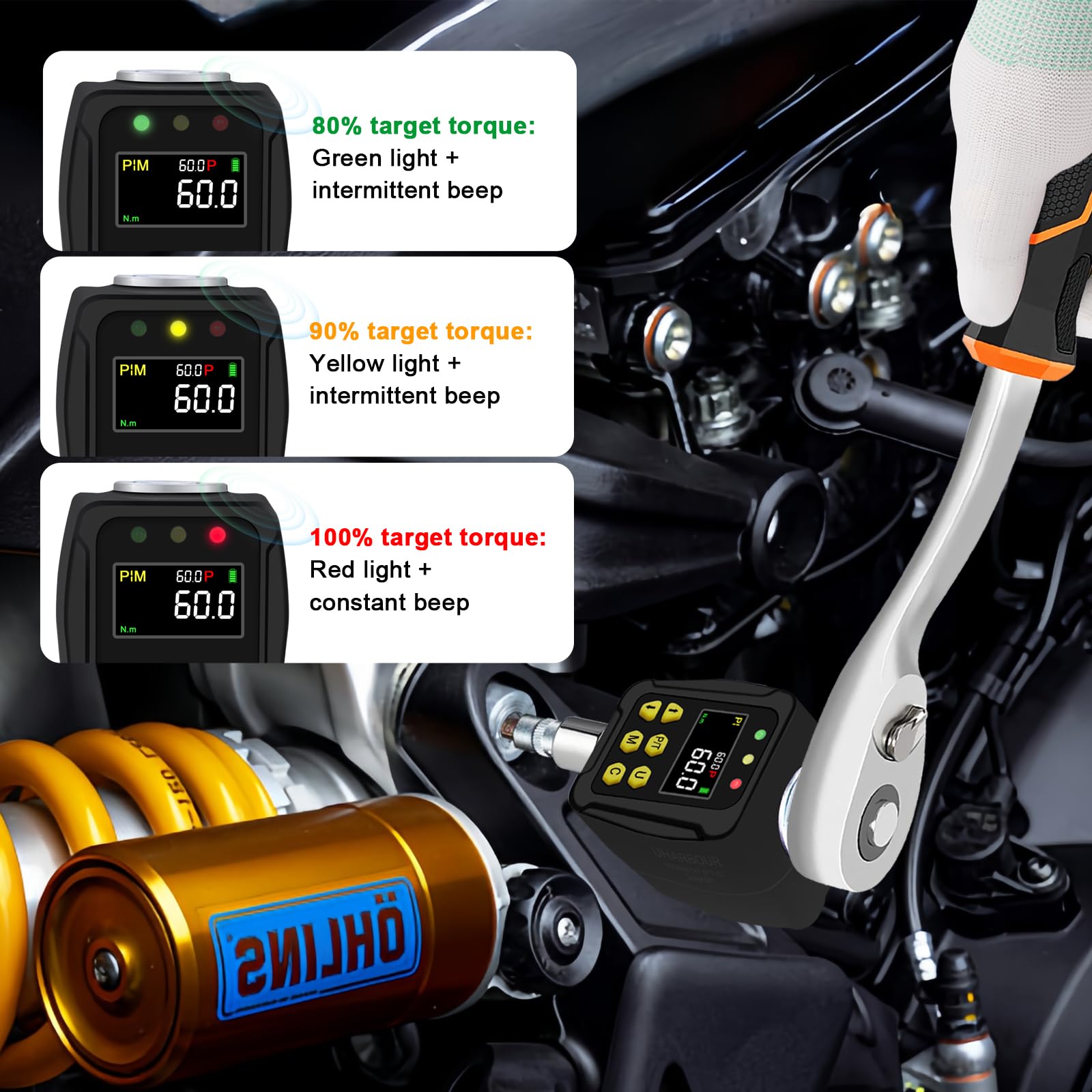Uharbour Cyfrowy adapter momentu obrotowego 1/2 cala 3-60 Nm, klucz dynamometryczny cyfrowy z wyświetlaczem LCD, trybem PEAK/TRACK, brzęczykiem i wyświetlaczem LED, dokładność błędu ±2%, do samochodu,