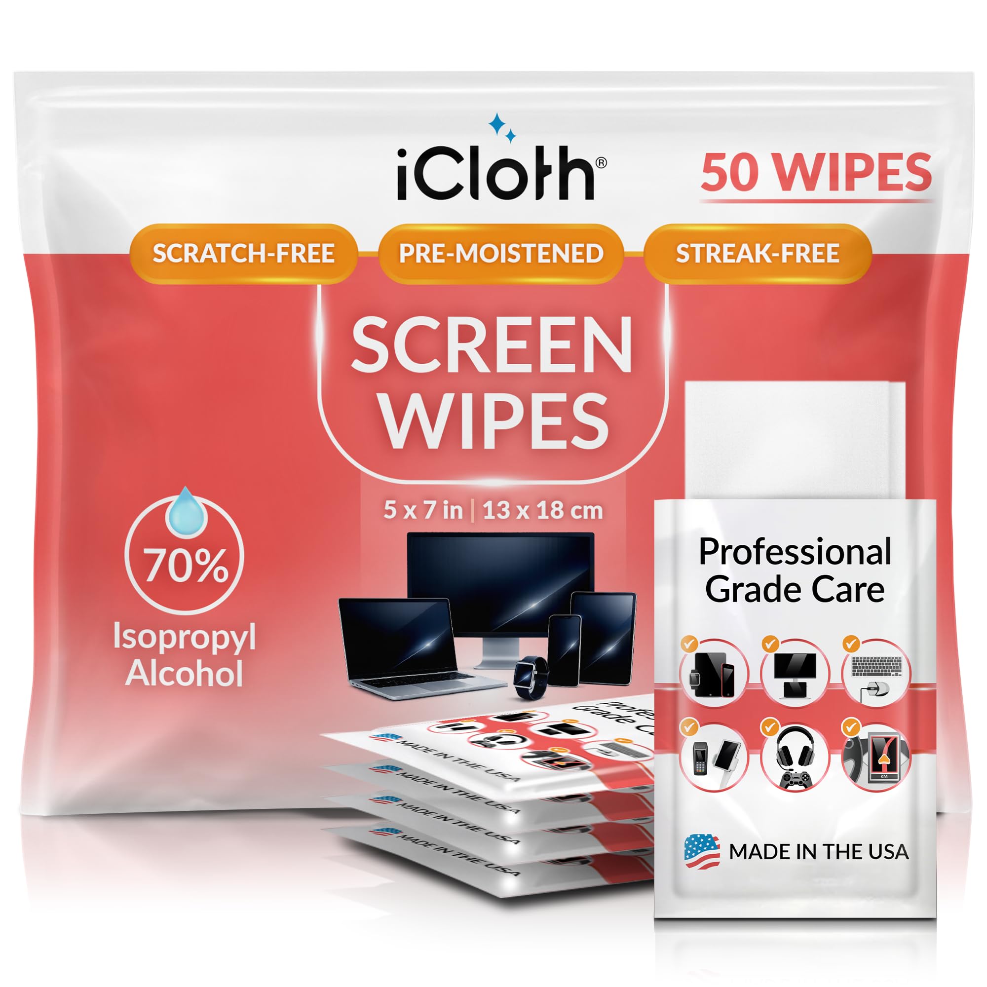 iCloth 70% Isopropyl Alcohol Large Screen and Electronics Wipes (50 Wipes)