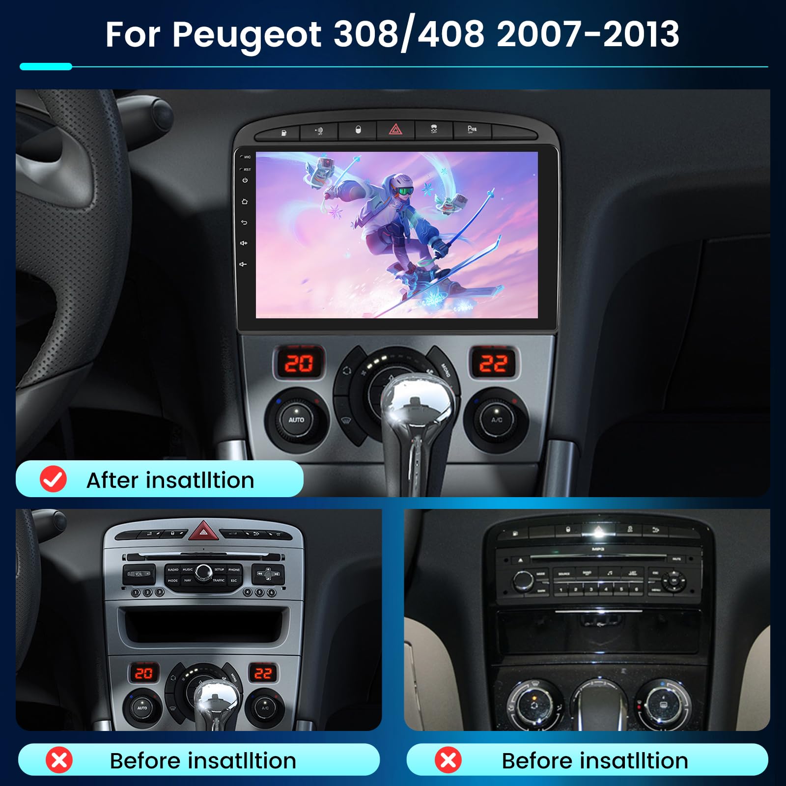 NHOPEEW 4+64G Radio Voiture pour Peugeot 308/408 2007-2013 - Radio Android 9 Pouces avec sans Fil Carplay et Android Auto - Mirror Link 32EQ DSP Écran Divisé + Caméra de Recul & Microphone