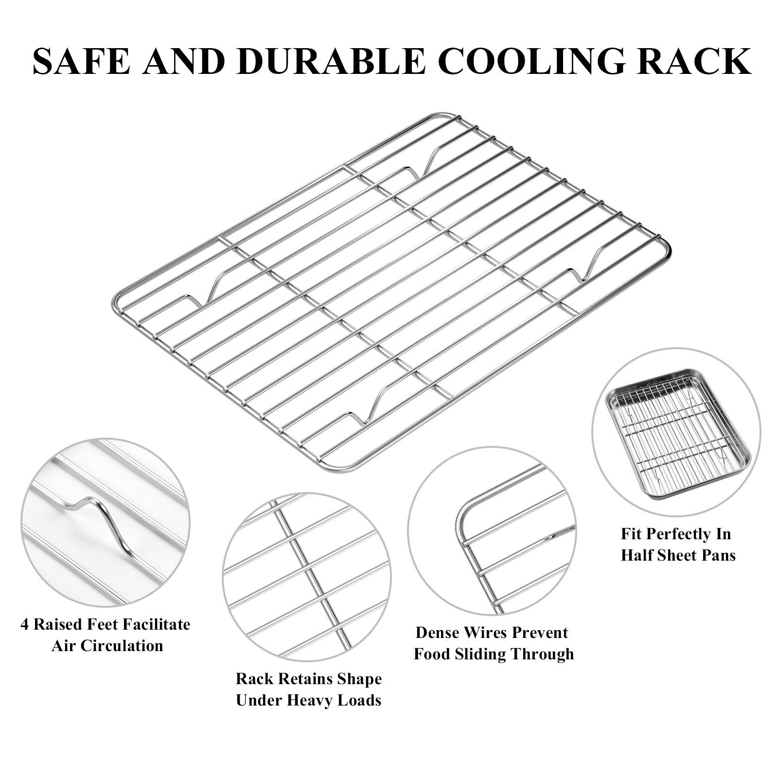 Deedro Backblech mit Rost Set [2 Blatt + 2 Racks], Edelstahl Plätzchenhalbe Bleche Backform Ofenblech mit Kühlrost, 22,9 x 17,8 x 2,5 cm, robust, ungiftig, leicht zu reinigen