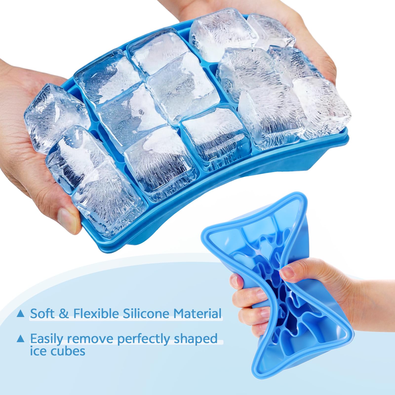 3 Pezzi Stampi per Ghiaccio in Silicone, 15 Cubetti Ghiaccio con Coperchio, Senza BPA e Impilabile, per Whisky, Cocktail, Cioccolato, Puree di Frutta, Facili da Rimuovere