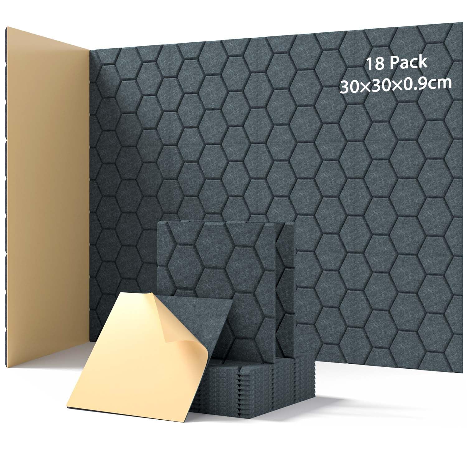 18 placas acústicas autoadhesivas, absorbentes de sonido, 30 x 30 x 0,9 cm, aislamiento acústico de pared, puerta y techo, paneles acústicos para decoración de juegos, oficinas, estudios, placas de